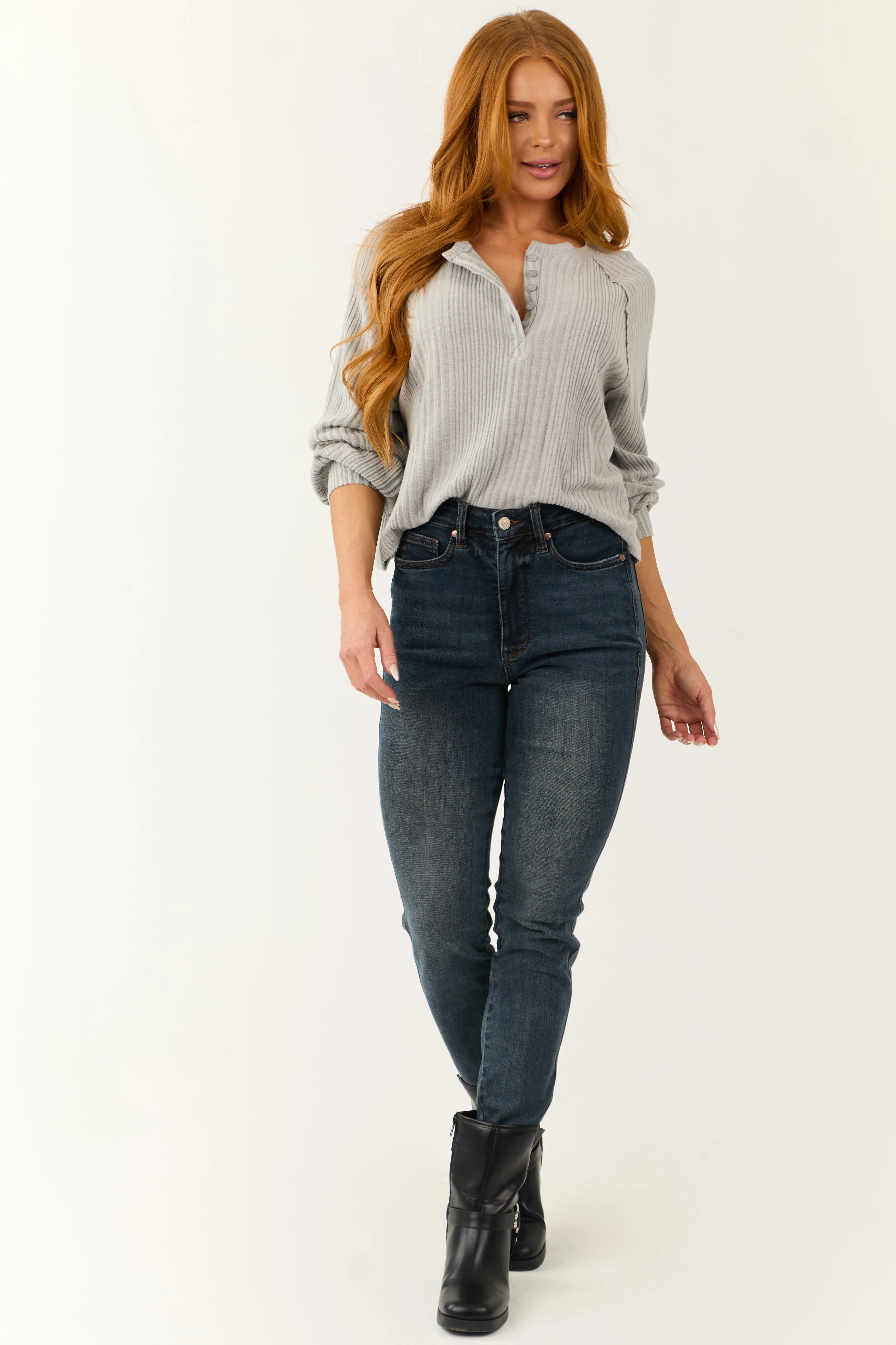 Light Slate Henley Ribbed Long Sleeve Top sold by Lime Lush product image thumbnail 3
