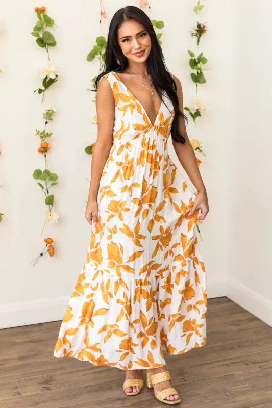 Mango Leaf Print Plunging V Maxi Dress sold by Lime Lush