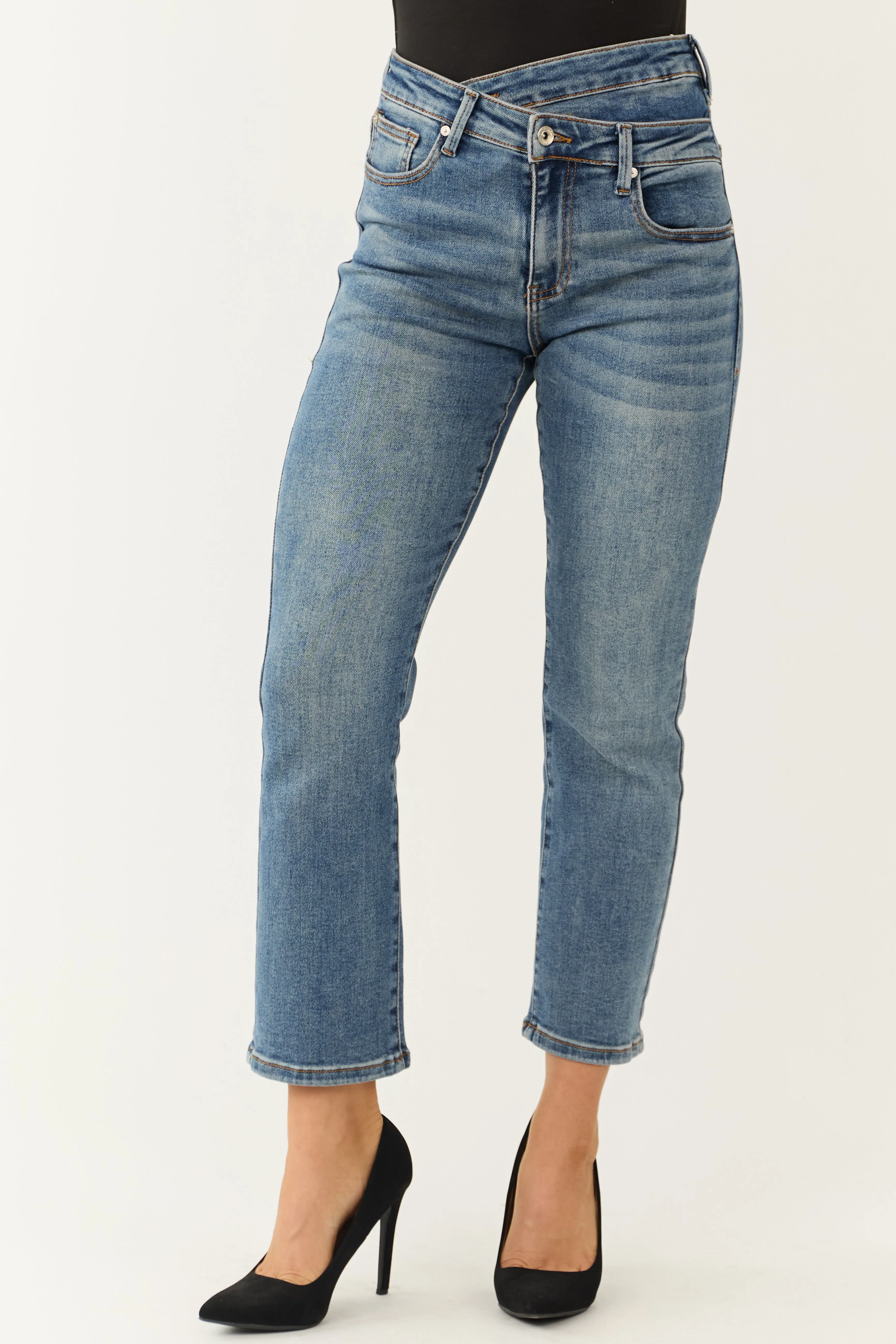 Special A Medium Wash Crossover Straight Leg Jeans sold by Lime Lush