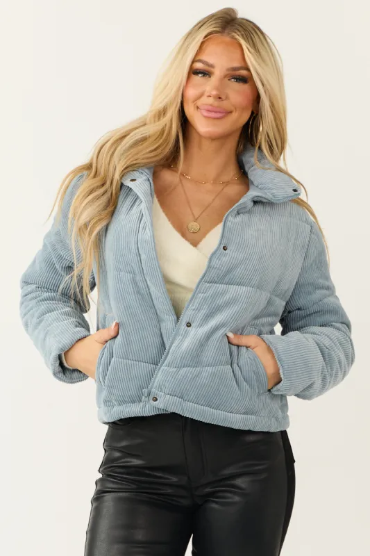 Powder Blue Corduroy Zip Up Puffer Jacket sold by Lime Lush