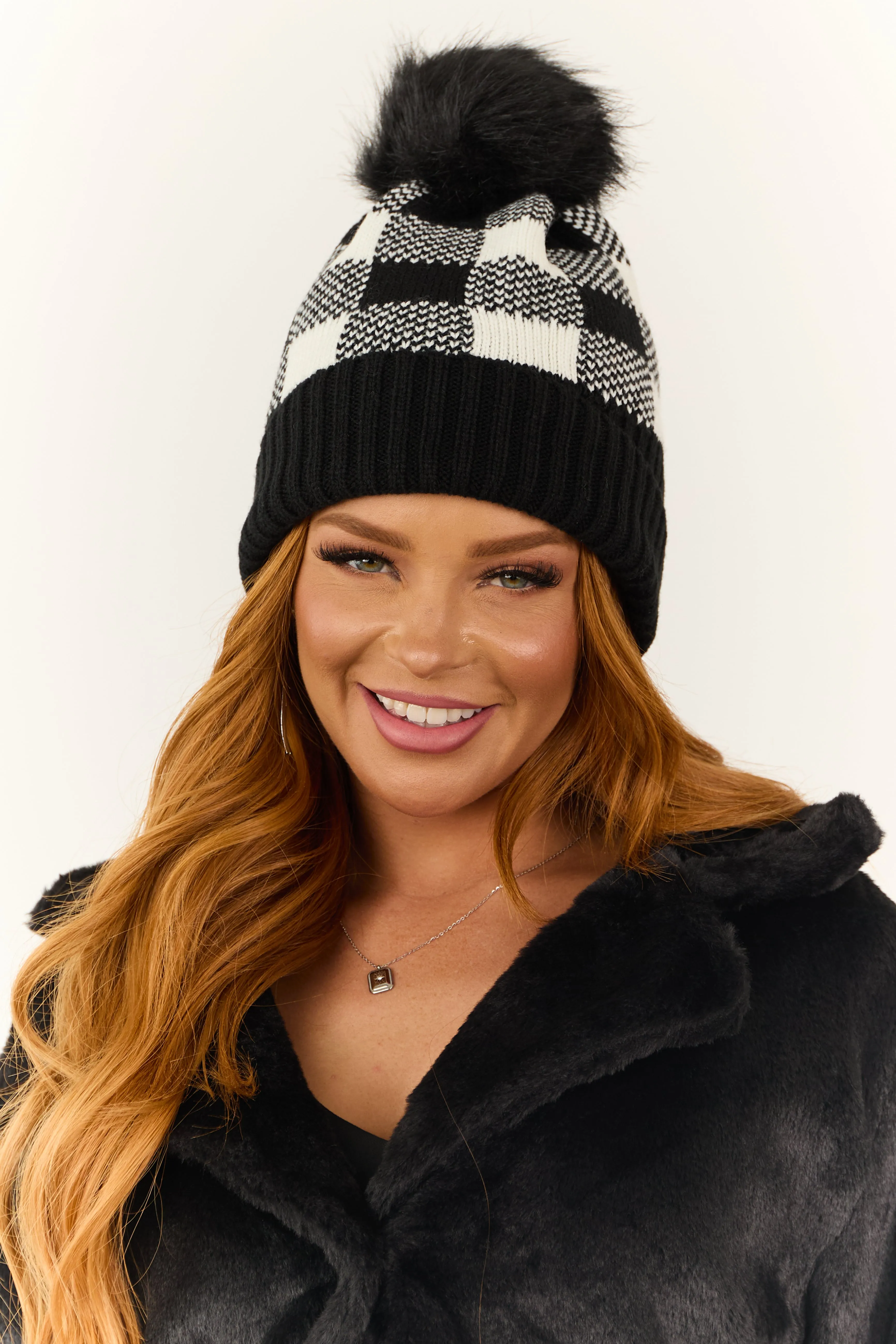 Black and White Checkered Knit Pom Pom Beanie sold by Lime Lush