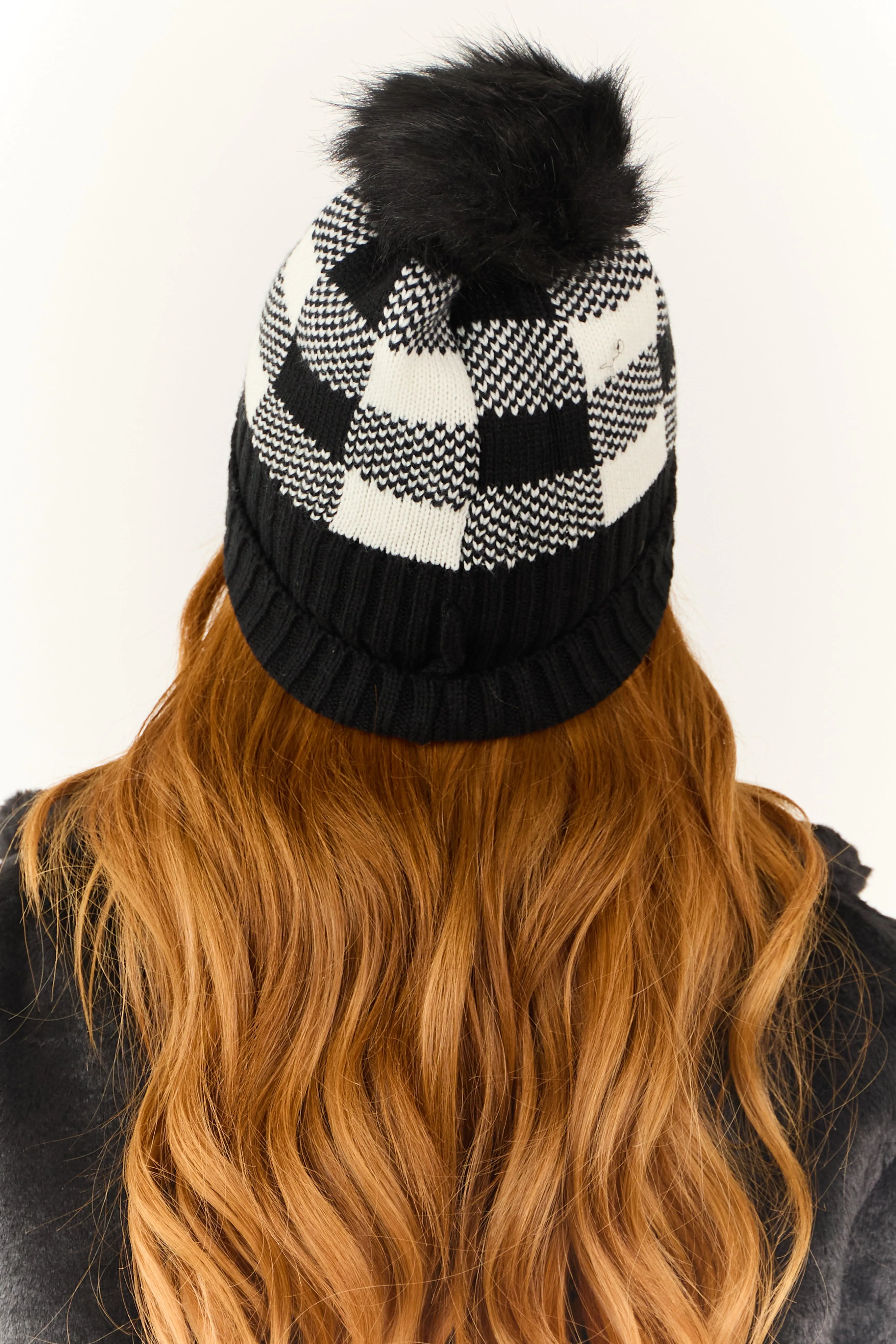 Black and White Checkered Knit Pom Pom Beanie sold by Lime Lush product image thumbnail 3