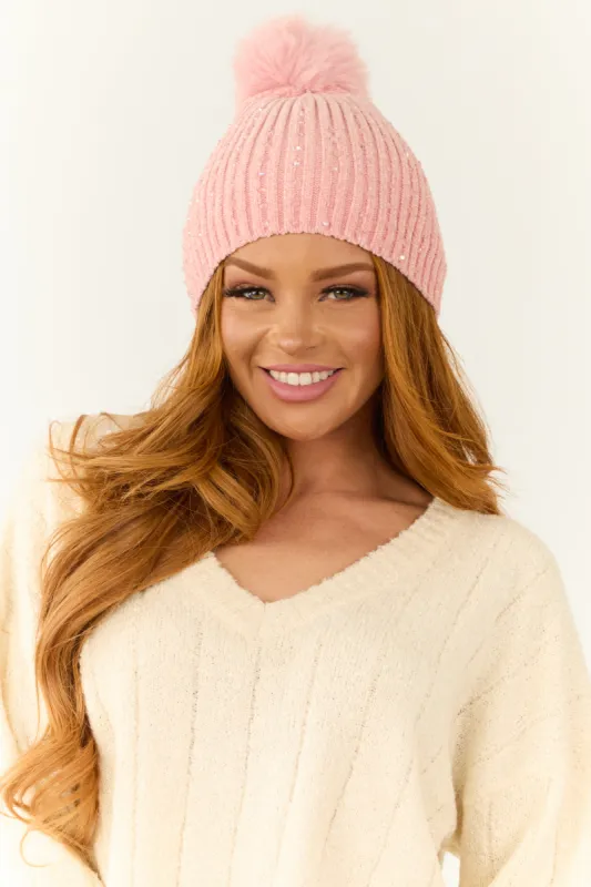 Coral Gemstone Embellished Chenille Pom Pom Beanie sold by Lime Lush