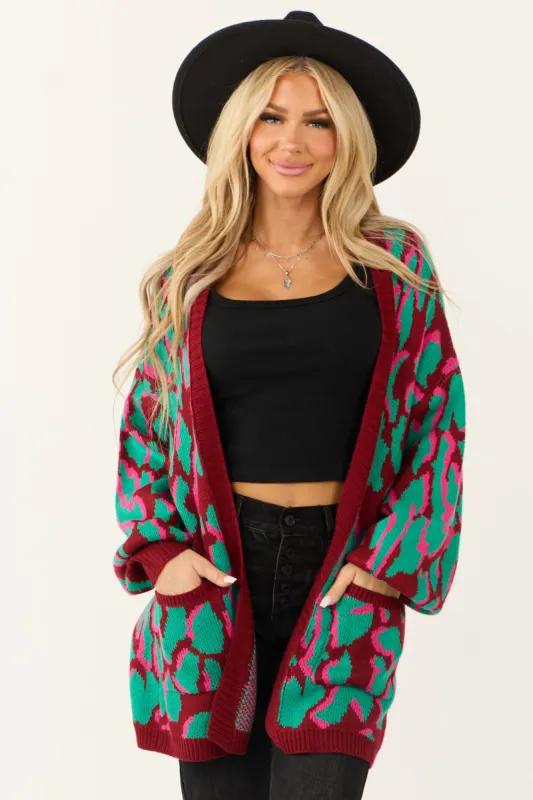 Wine Animal Print Open Front Knit Cardigan sold by Lime Lush