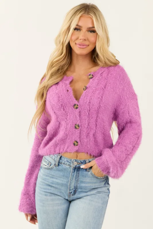 Orchid Fuzzy Cable Knit Button Up Cardigan sold by Lime Lush