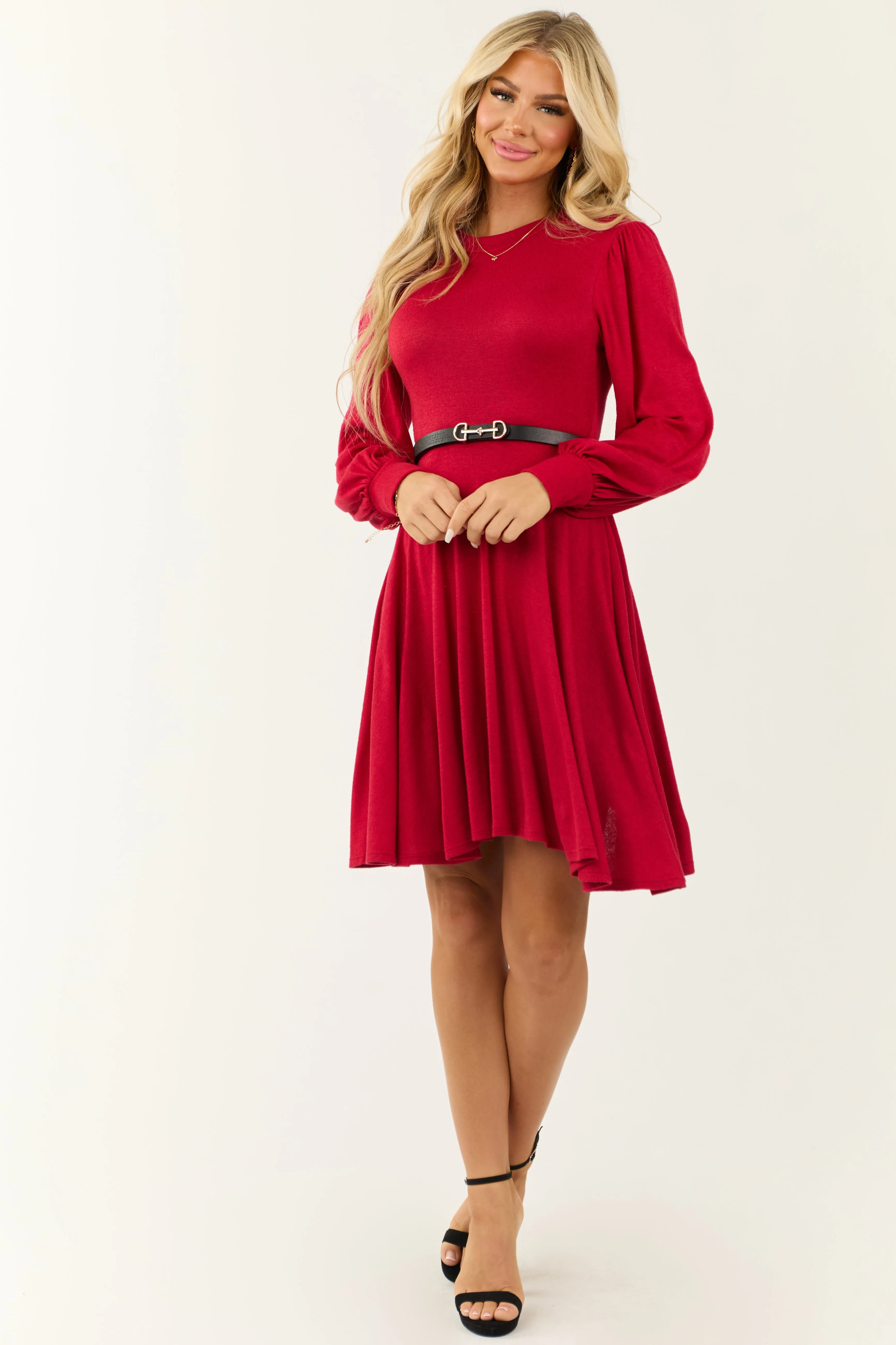 Crimson Hacci Knit Long Sleeve Flared Swing Dress sold by Lime Lush product image thumbnail 3