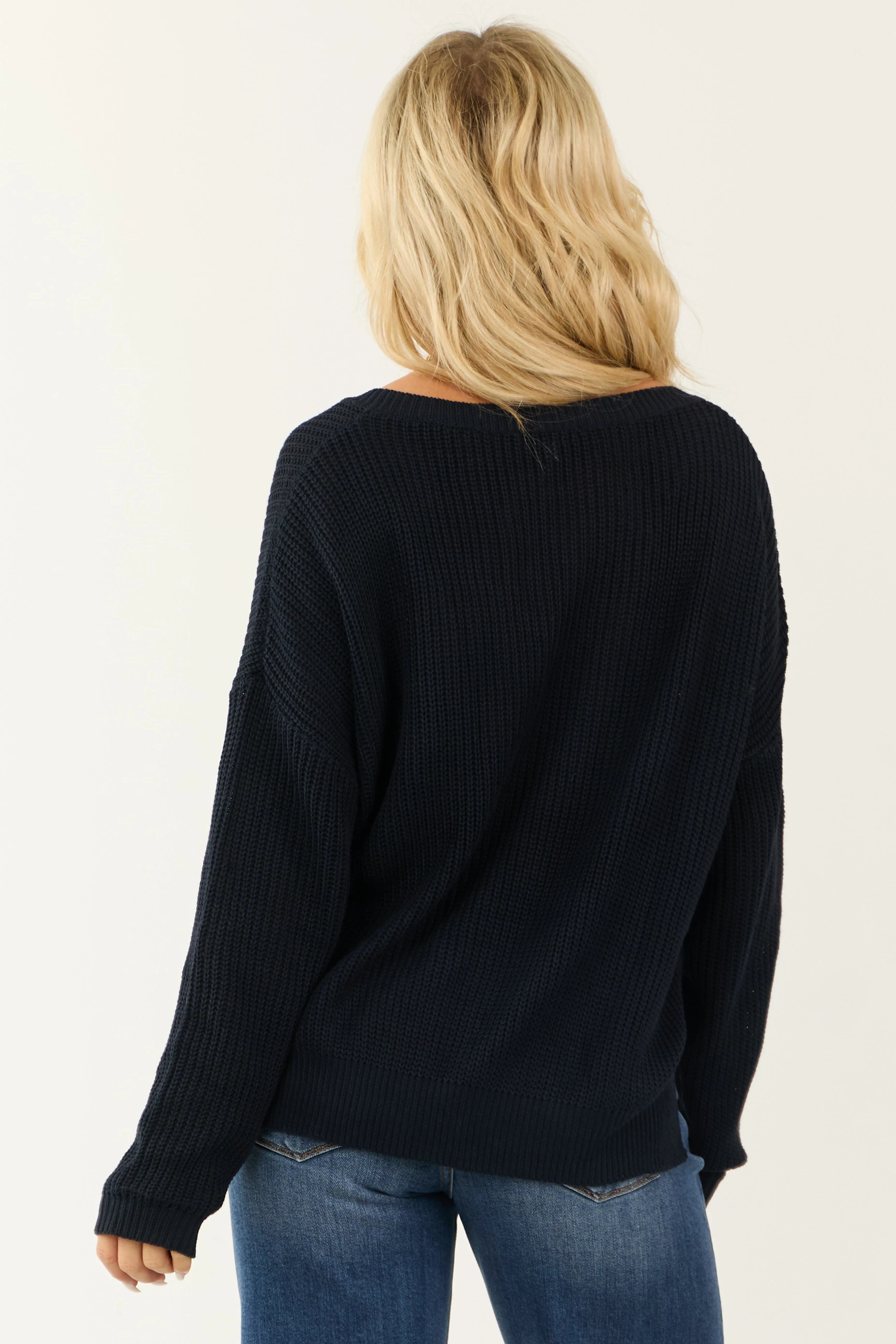Dark Navy V Neck Chest Pocket Knit Sweater sold by Lime Lush product image thumbnail 5