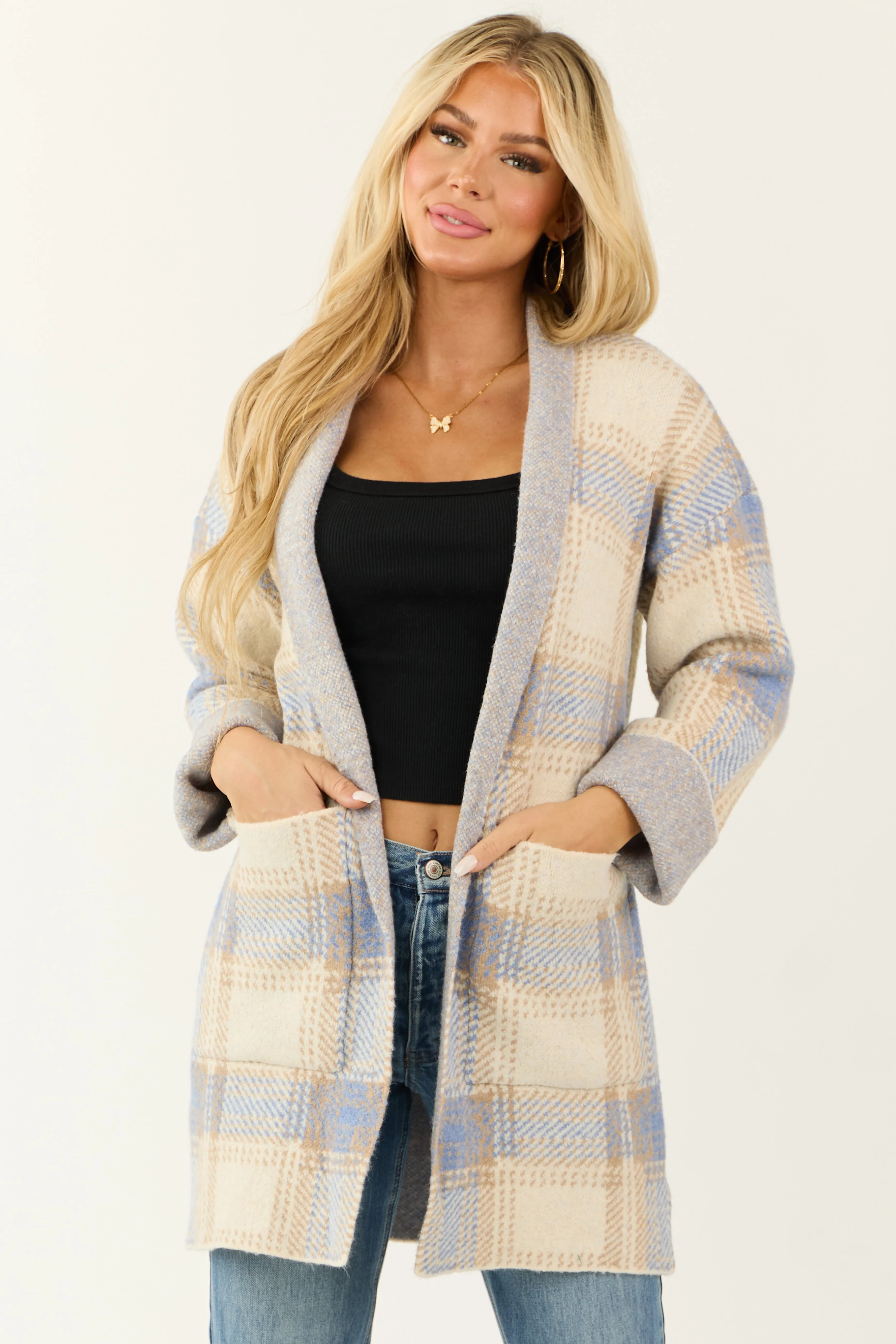 Cream and Sapphire Plaid Open Front Cardigan sold by Lime Lush product image thumbnail 2
