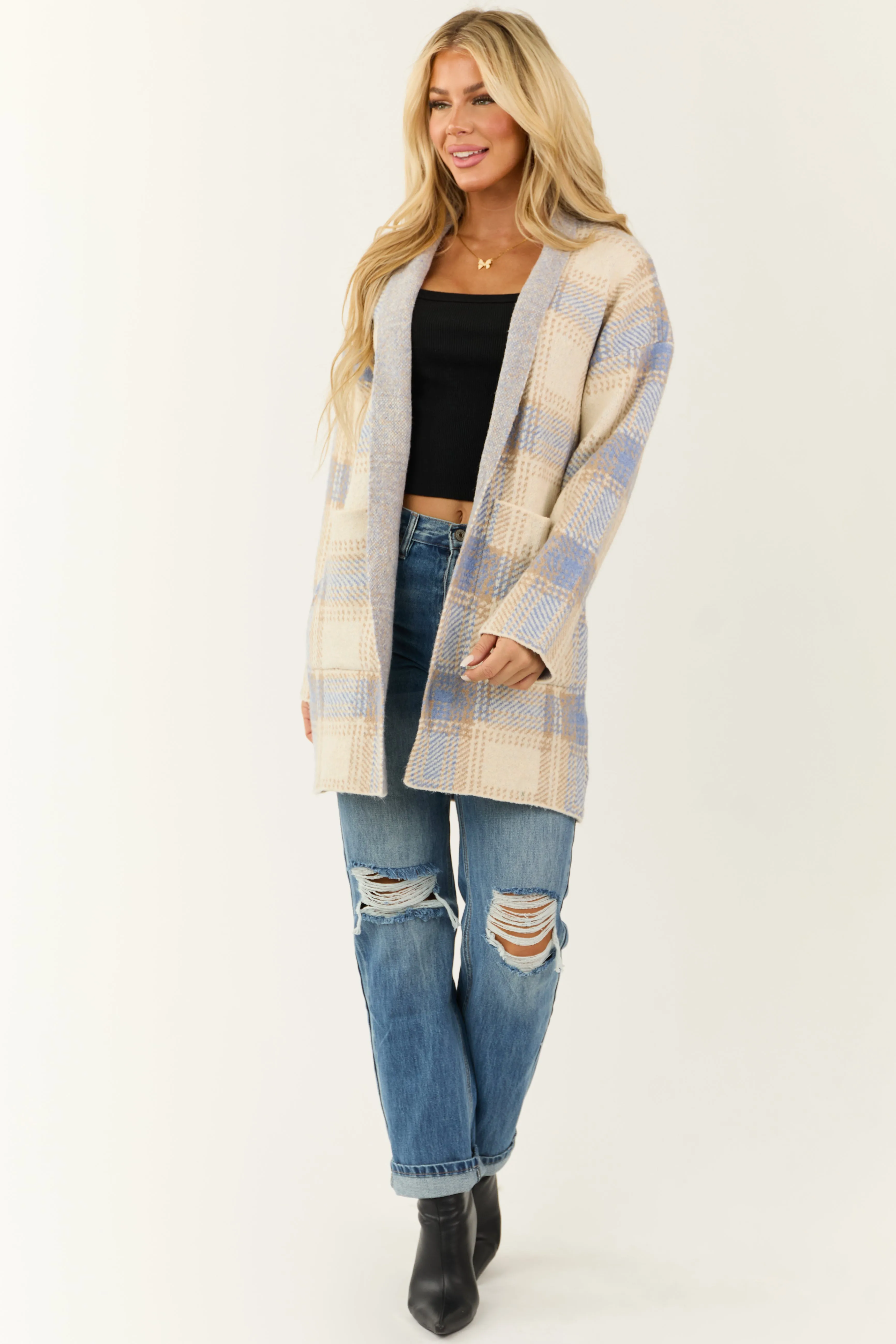 Cream and Sapphire Plaid Open Front Cardigan sold by Lime Lush product image thumbnail 5