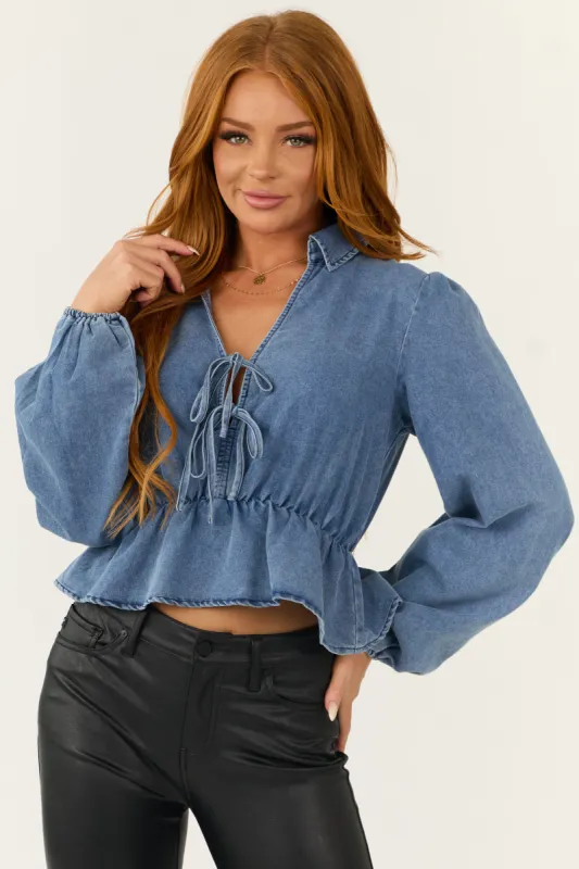 Medium Wash Tie Neckline Denim Peplum Top sold by Lime Lush