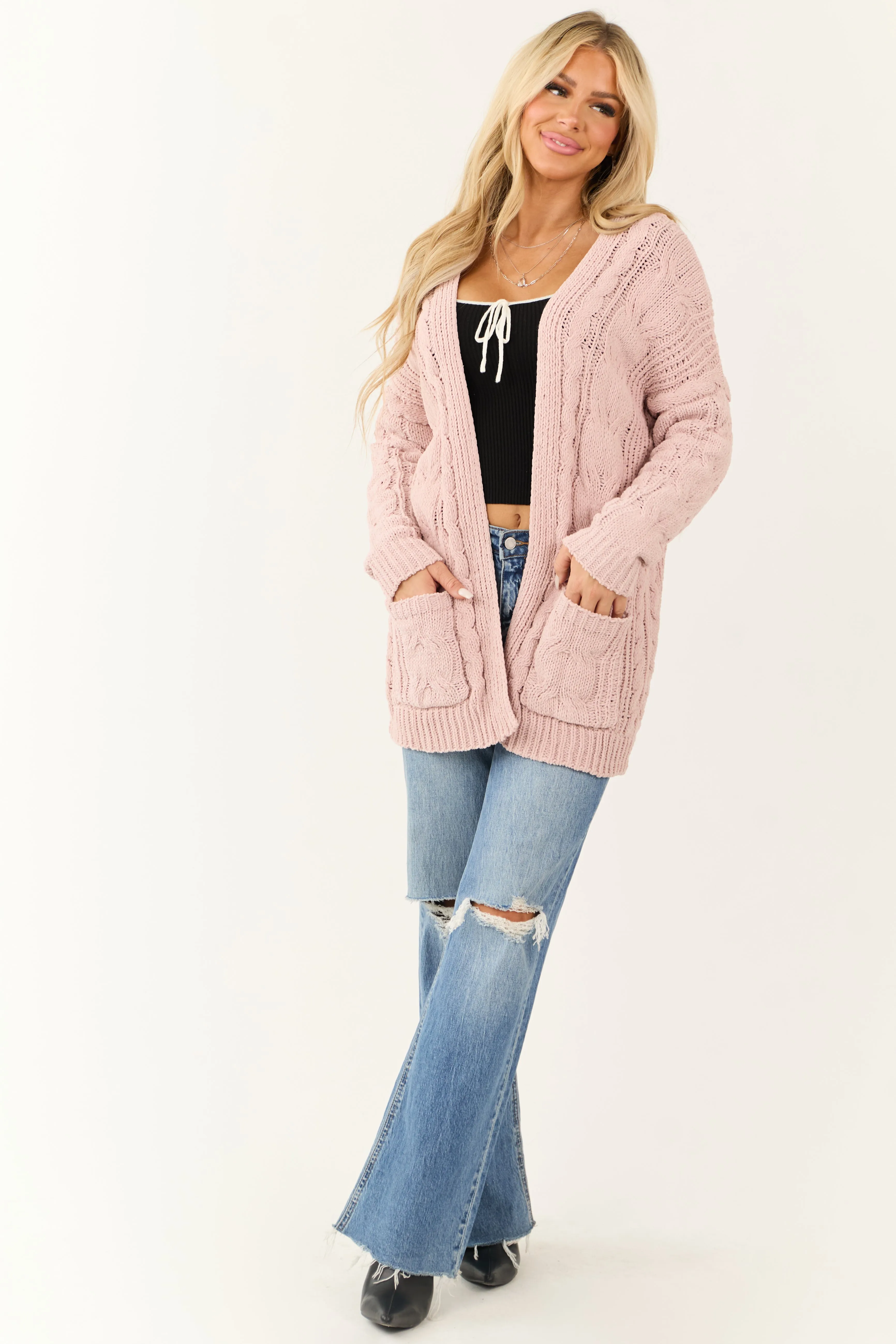 Dusty Blush Chenille Open Front Cable Knit Cardigan sold by Lime Lush product image thumbnail 4