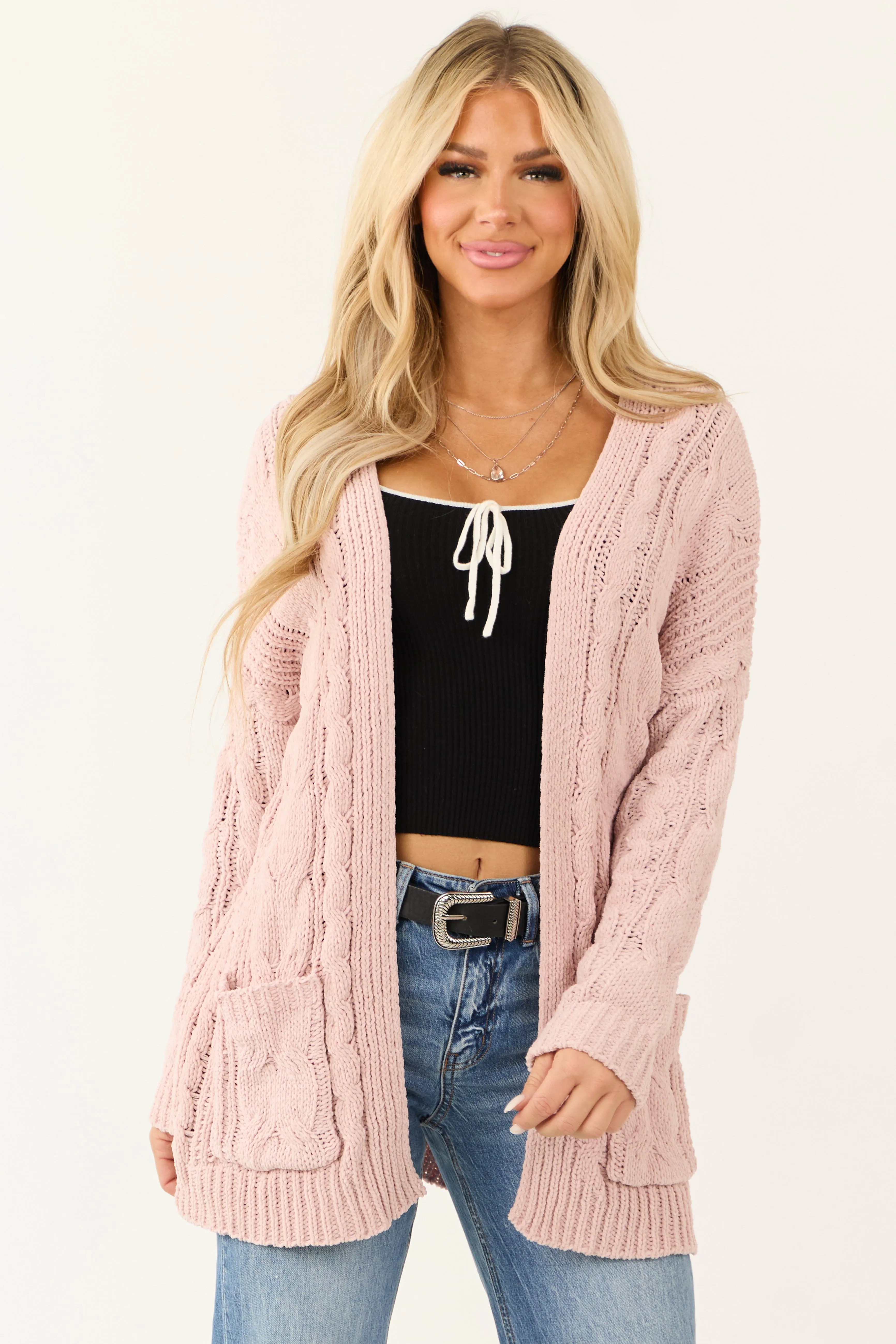 Dusty Blush Chenille Open Front Cable Knit Cardigan sold by Lime Lush product image thumbnail 2