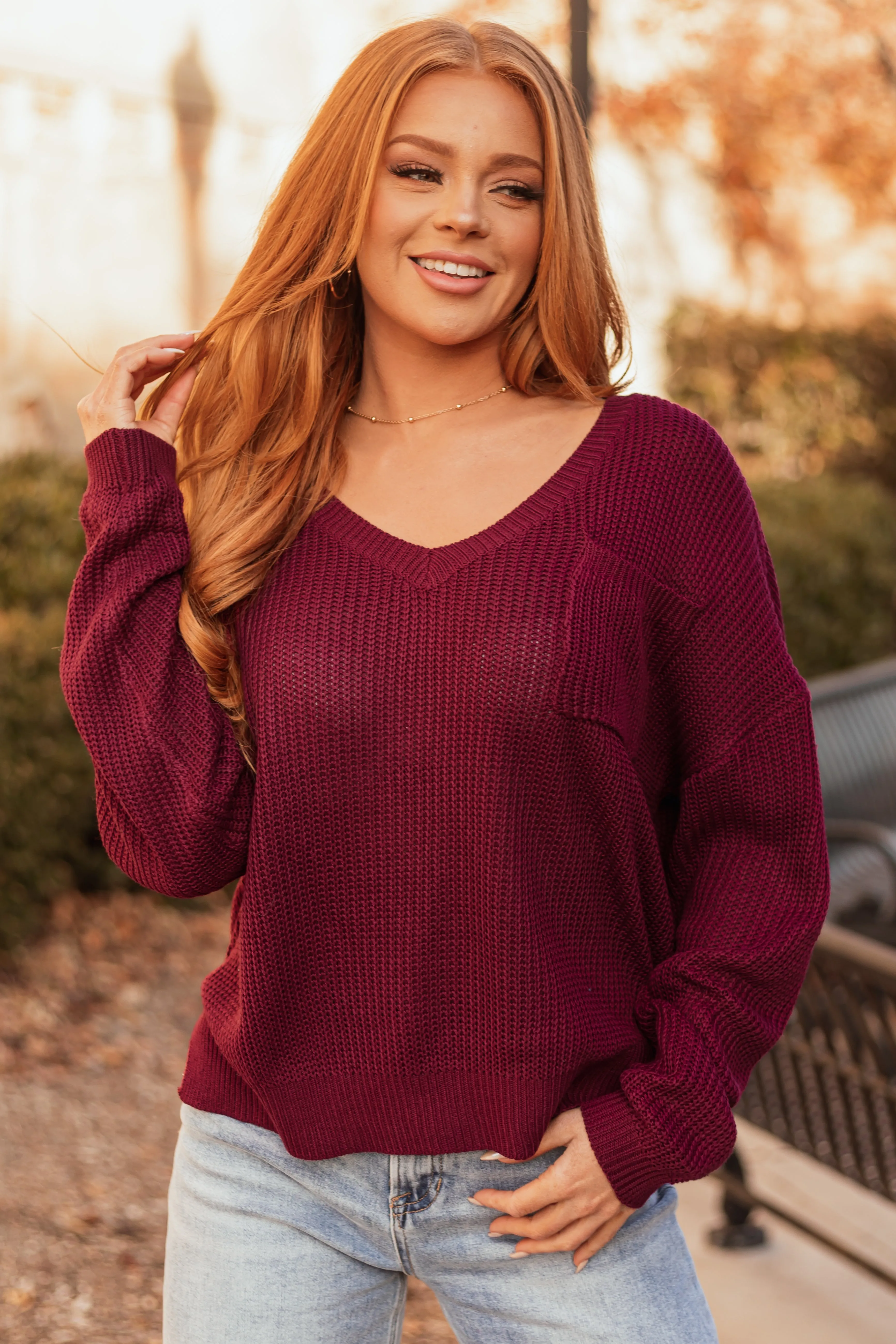 Wine V Neck Chest Pocket Knit Sweater sold by Lime Lush