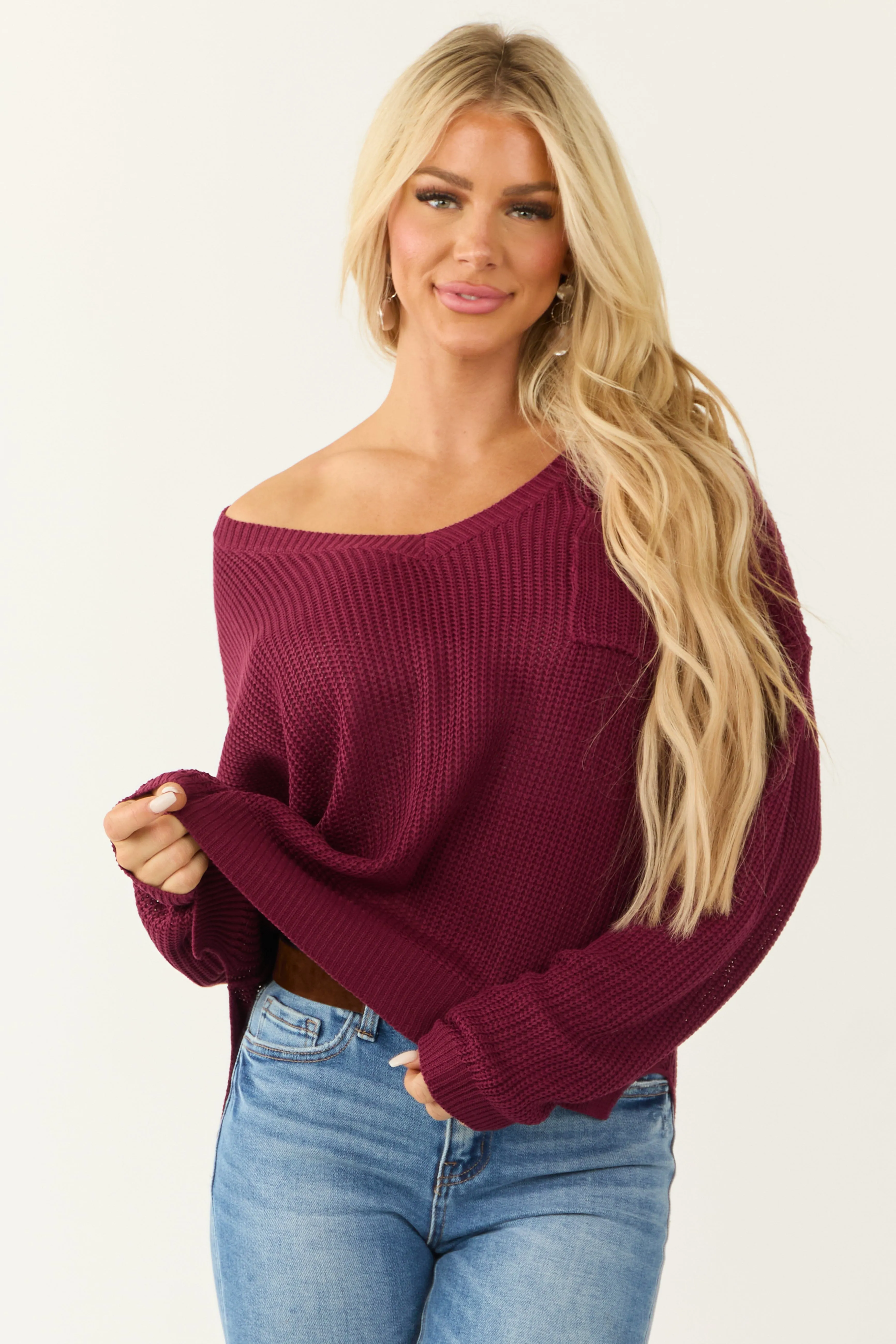 Wine V Neck Chest Pocket Knit Sweater sold by Lime Lush product image thumbnail 2