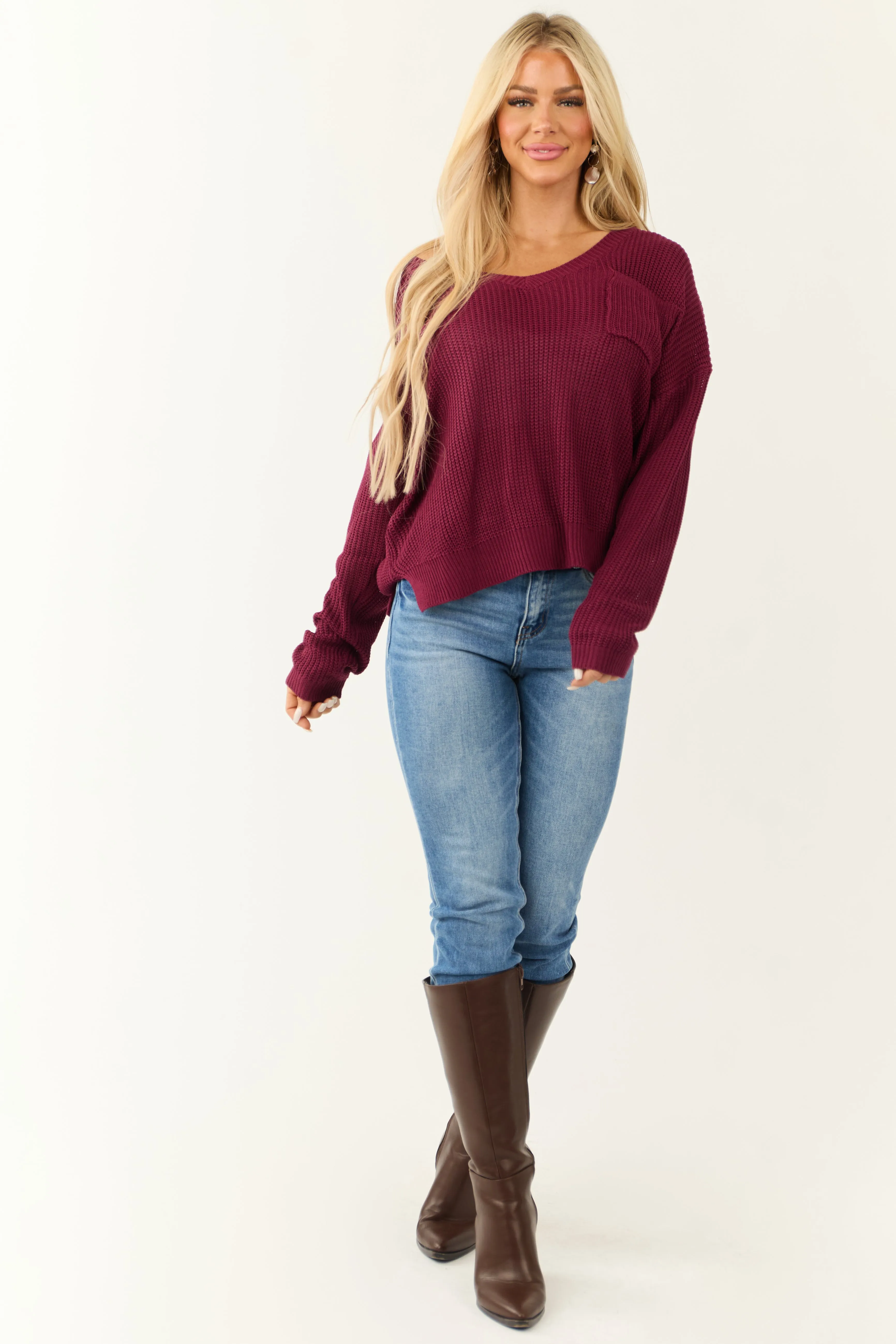 Wine V Neck Chest Pocket Knit Sweater sold by Lime Lush product image thumbnail 3