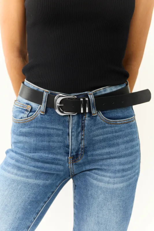 Black Faux Leather Silver Buckle Belt sold by Lime Lush