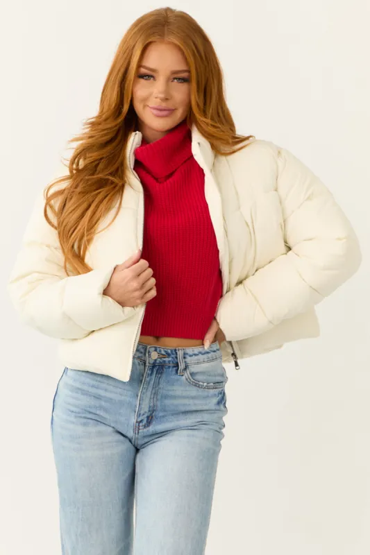 Cream Zip Up Collared Quilted Puffer Jacket sold by Lime Lush