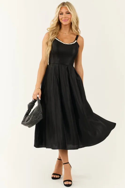 Flying Tomato Black Pearl Trim Satin Organza Midi Dress sold by Lime Lush
