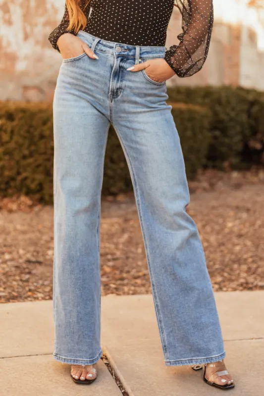 Risen Medium Wash High Rise Straight Jeans sold by Lime Lush
