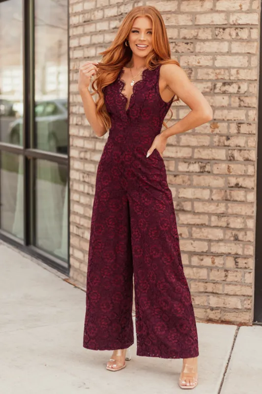 Flying Tomato Wine Lace Wide Leg Jumpsuit sold by Lime Lush