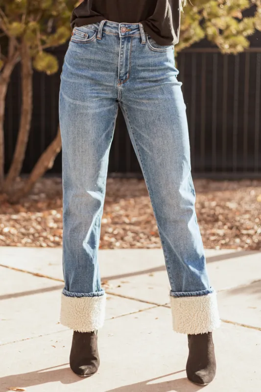 Judy Blue Faux Shearling Cuff Straight Jeans sold by Lime Lush