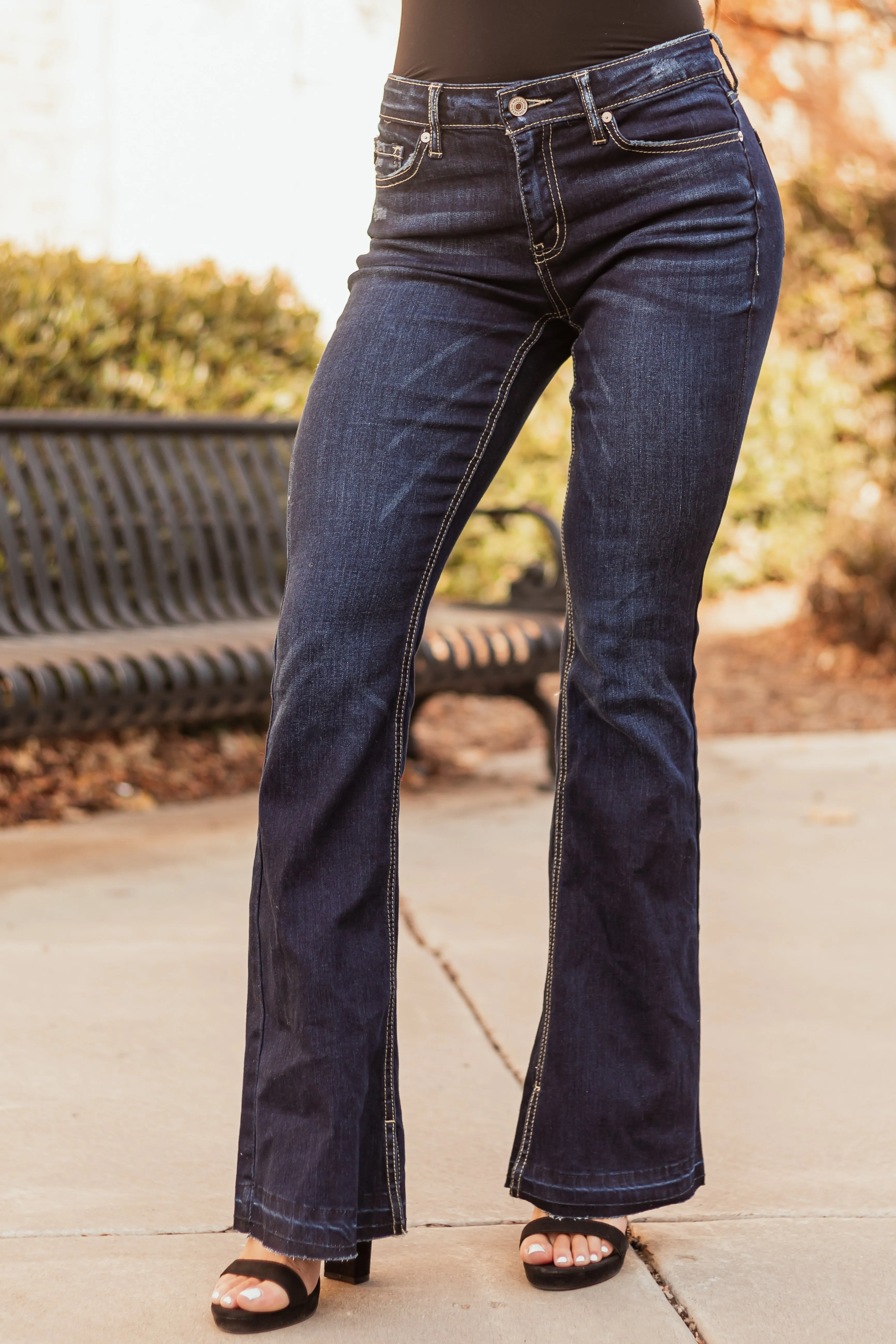 KanCan Dark Wash Flare Leg Mid Rise Jeans sold by Lime Lush