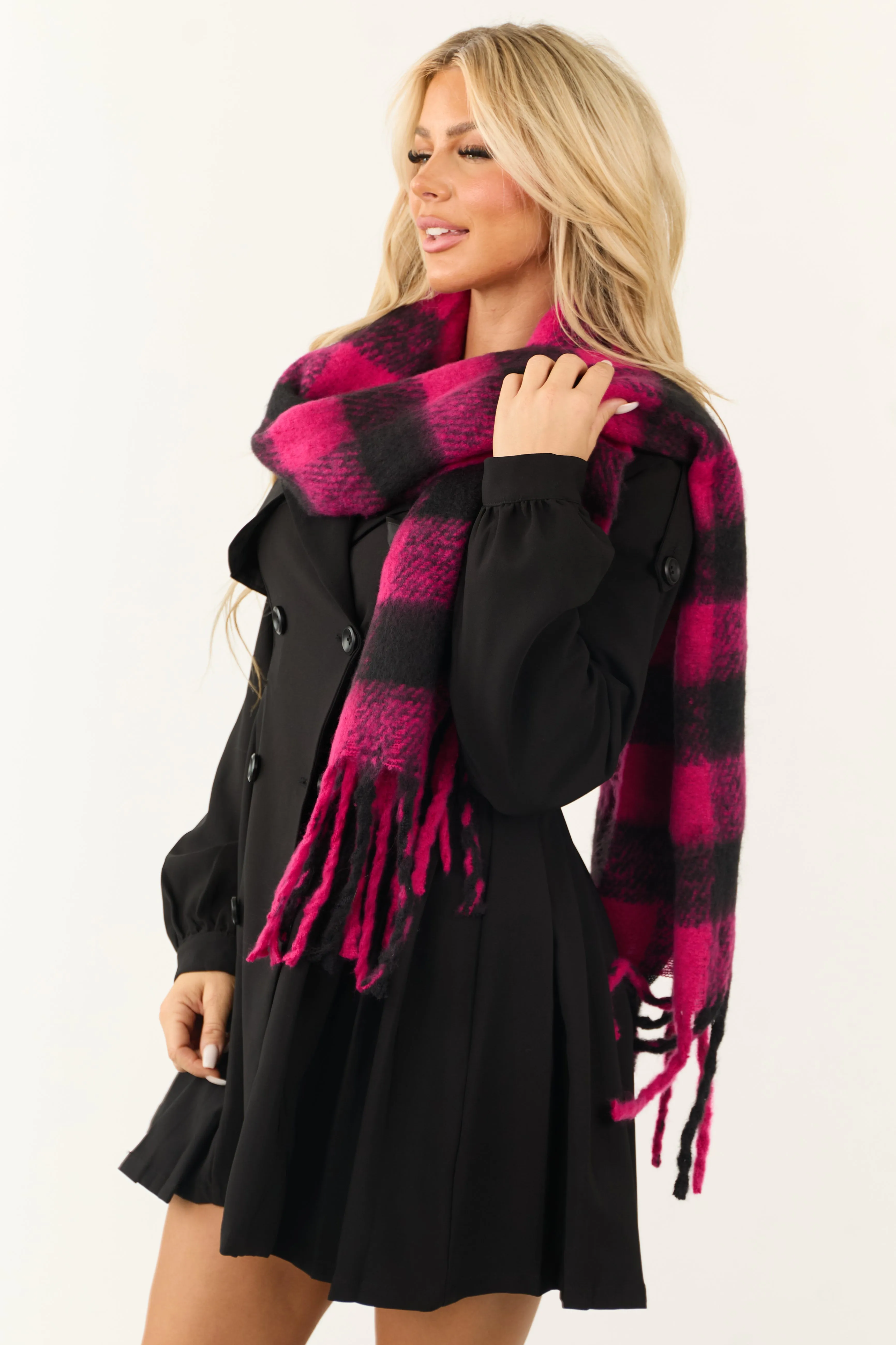 Black and Raspberry Buffalo Plaid Fuzzy Scarf sold by Lime Lush product image thumbnail 3