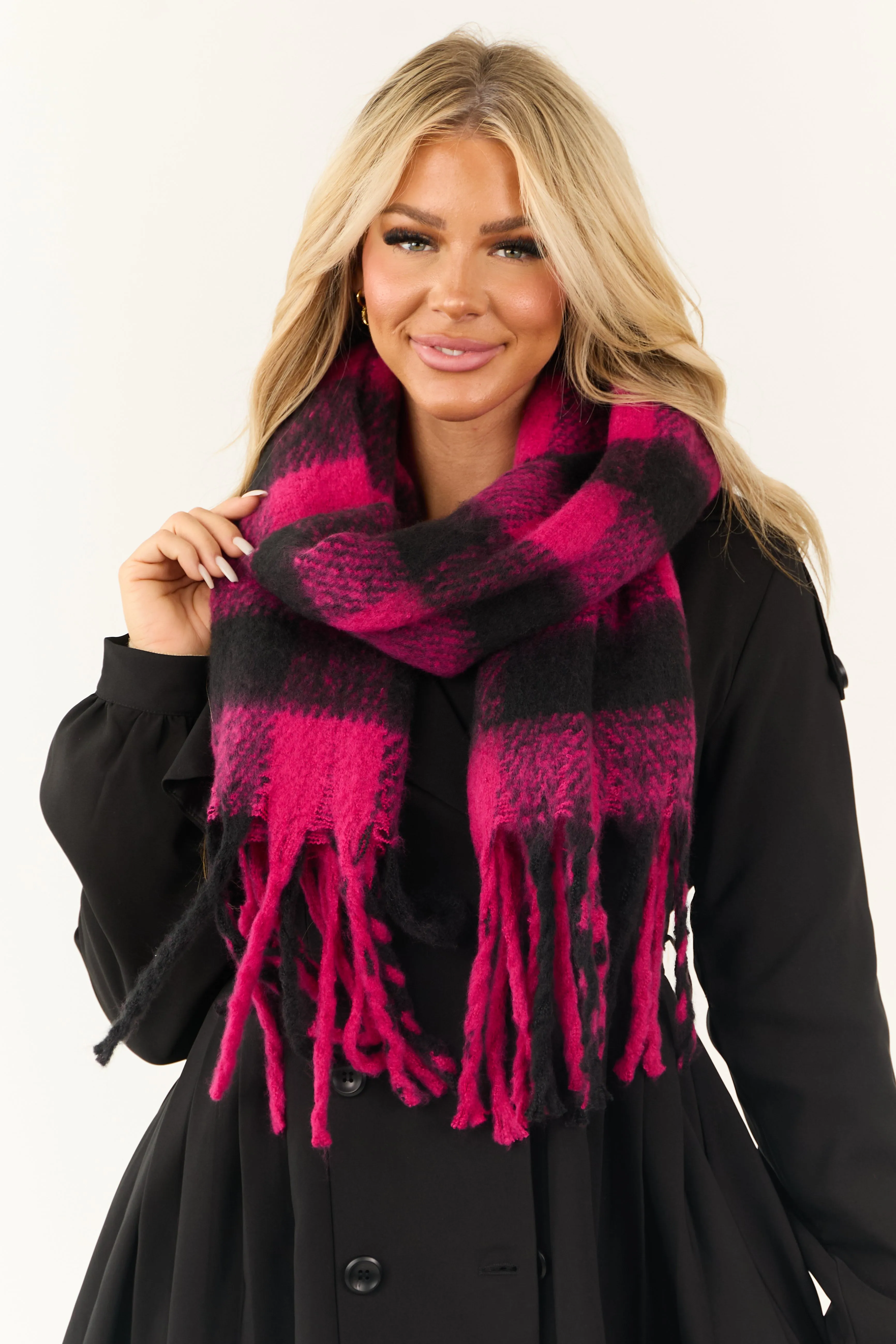 Black and Raspberry Buffalo Plaid Fuzzy Scarf sold by Lime Lush