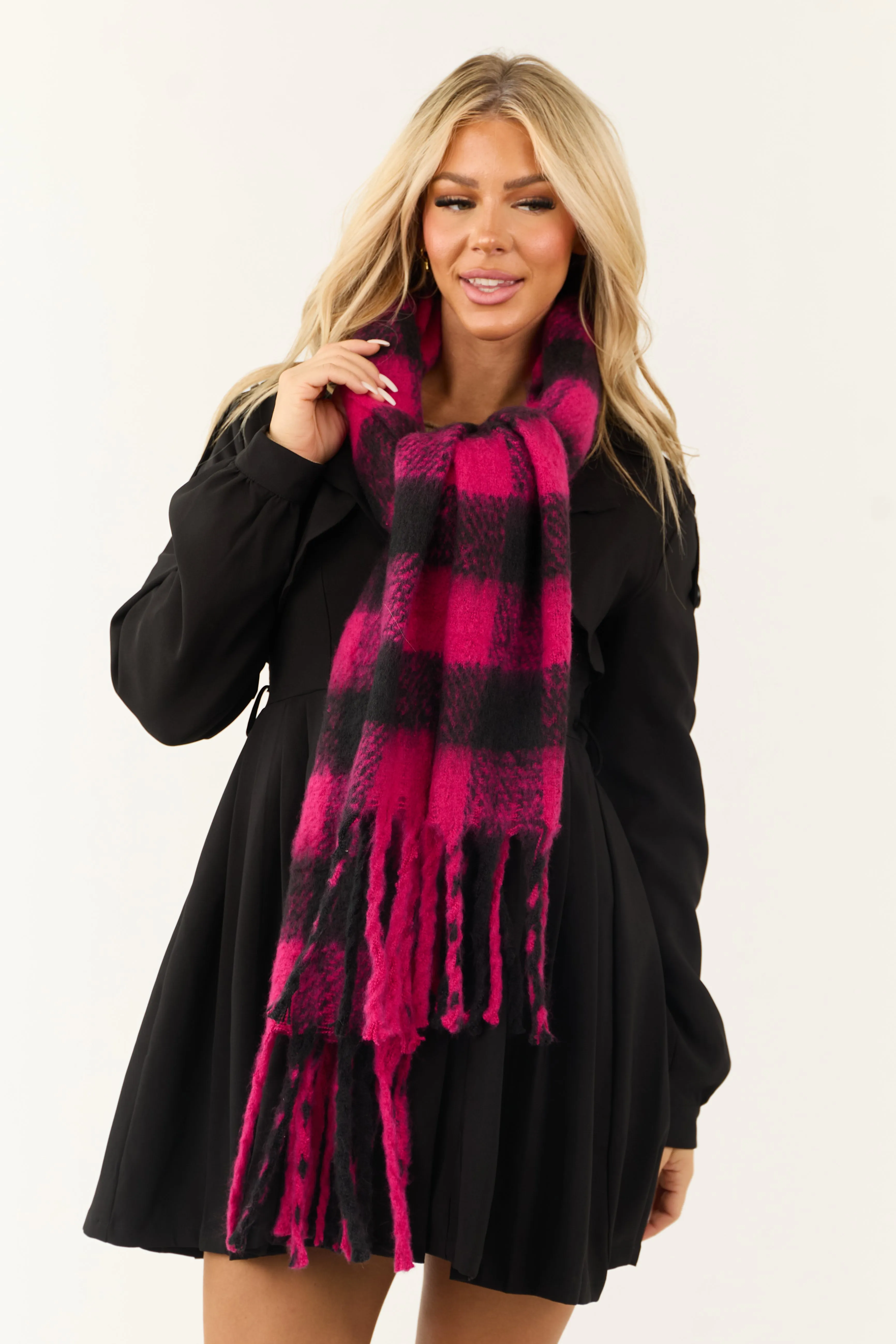 Black and Raspberry Buffalo Plaid Fuzzy Scarf sold by Lime Lush product image thumbnail 2