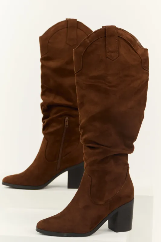 Sepia Faux Suede Slouchy Knee High Heeled Boots sold by Lime Lush