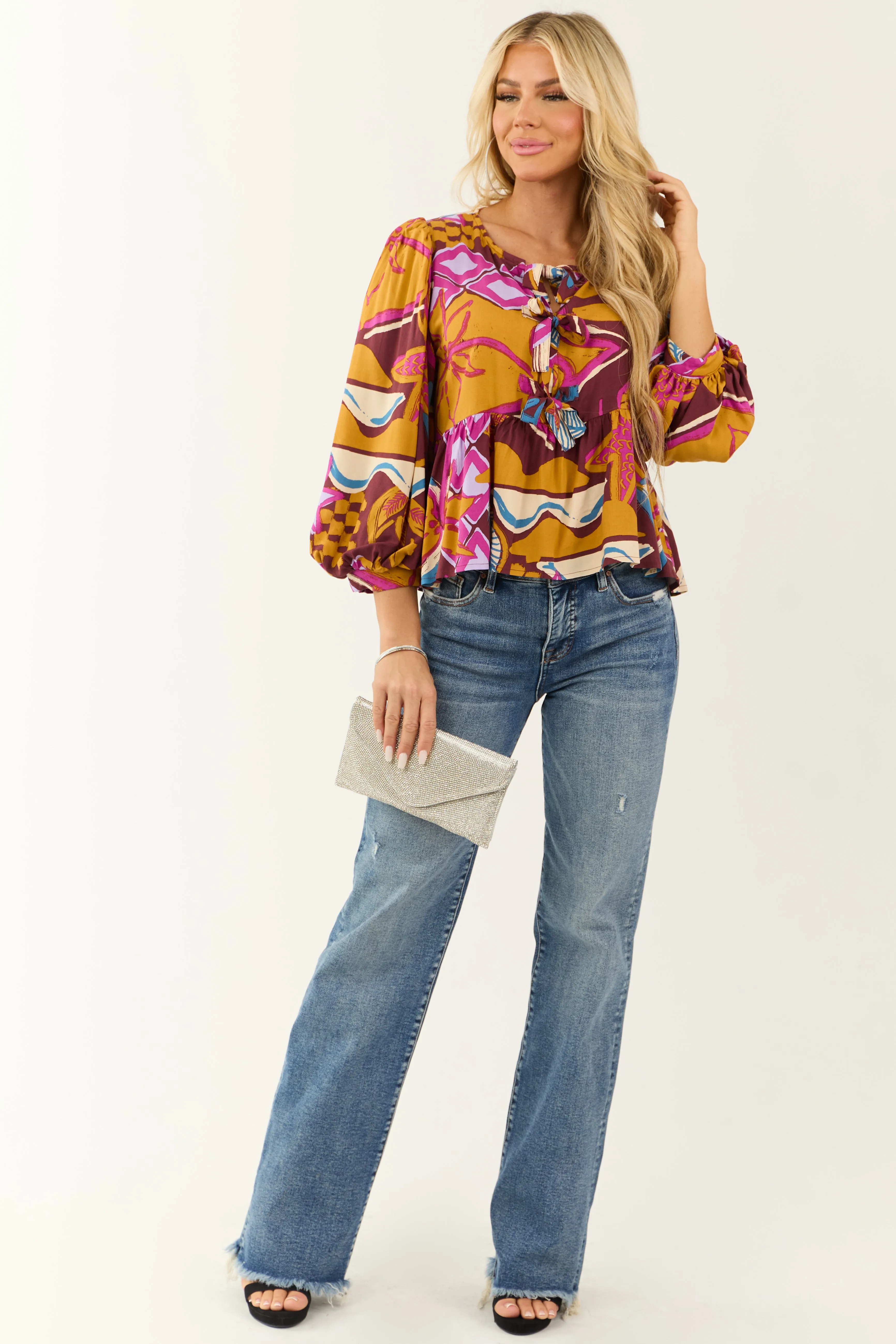 Marsala Abstract Print Tie Front Peplum Fit Top sold by Lime Lush product image thumbnail 3