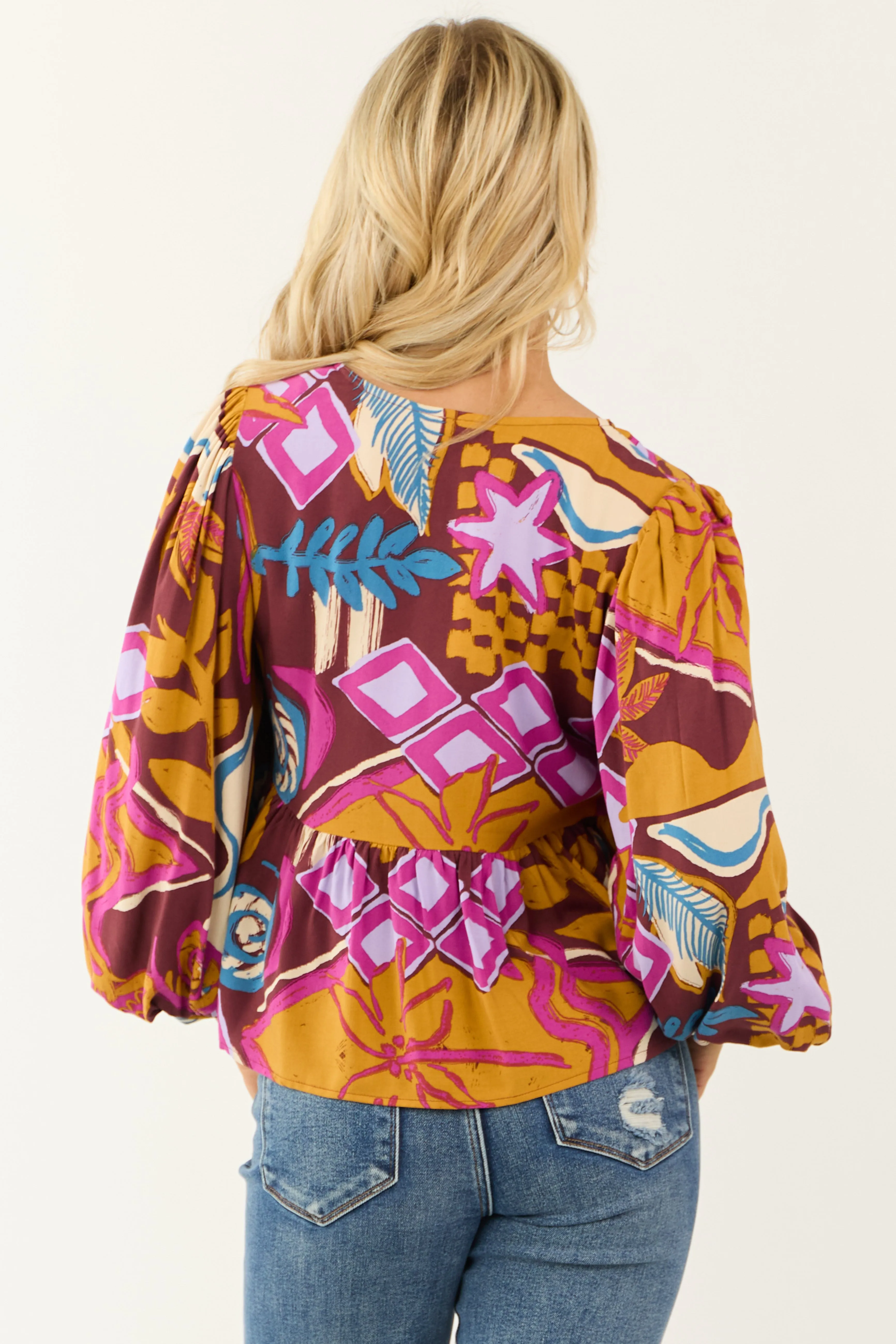 Marsala Abstract Print Tie Front Peplum Fit Top sold by Lime Lush product image thumbnail 5