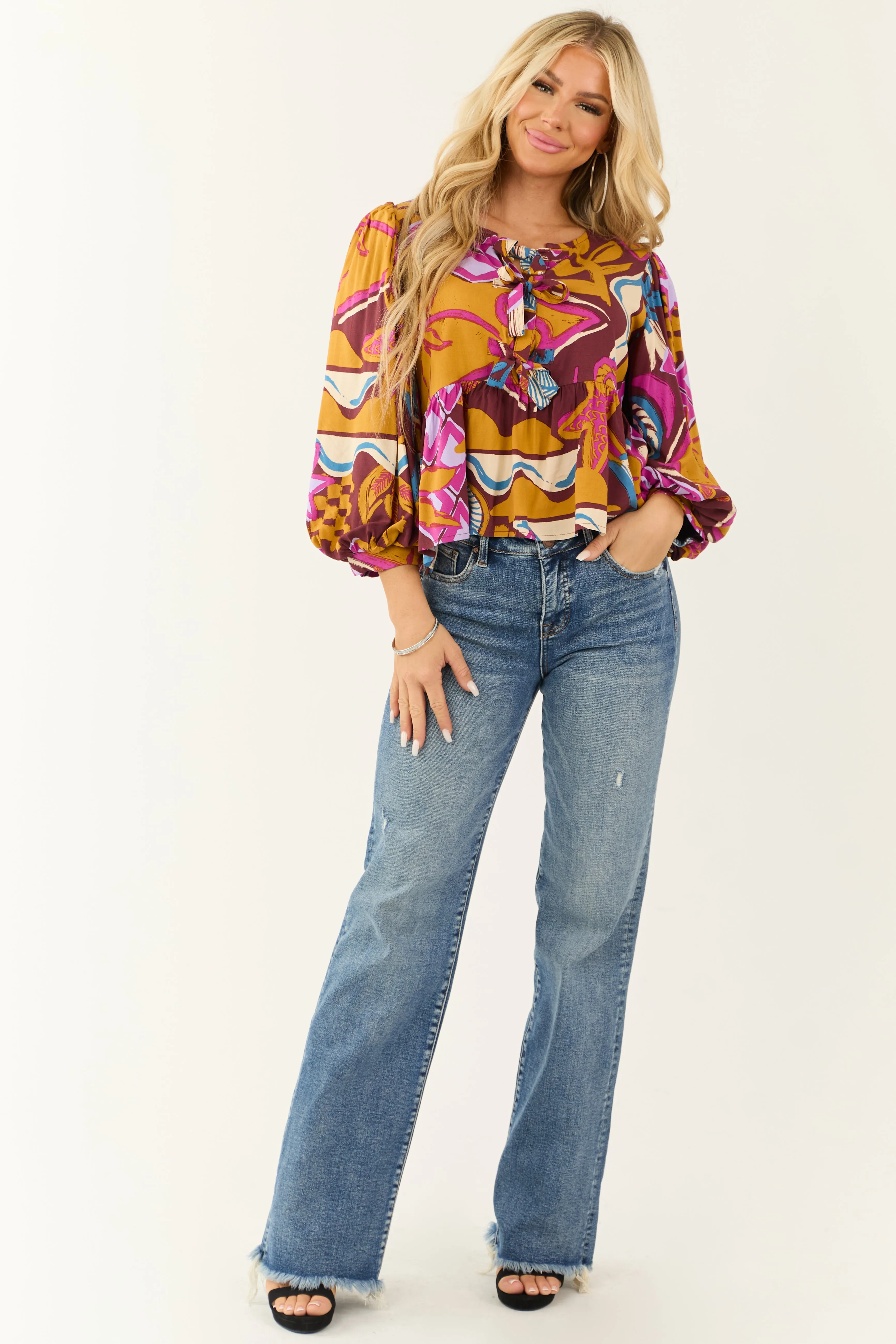 Marsala Abstract Print Tie Front Peplum Fit Top sold by Lime Lush product image thumbnail 2