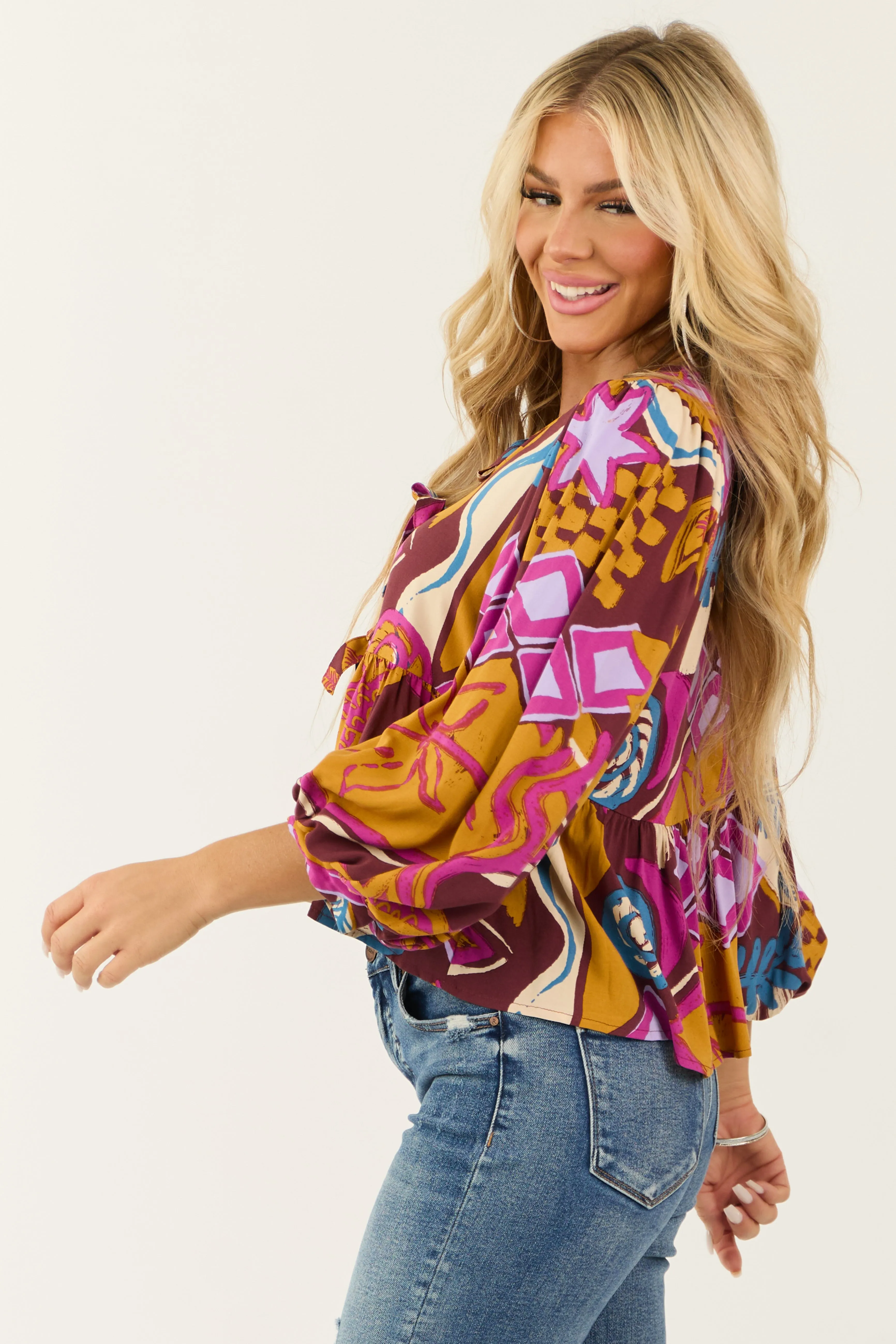 Marsala Abstract Print Tie Front Peplum Fit Top sold by Lime Lush product image thumbnail 4