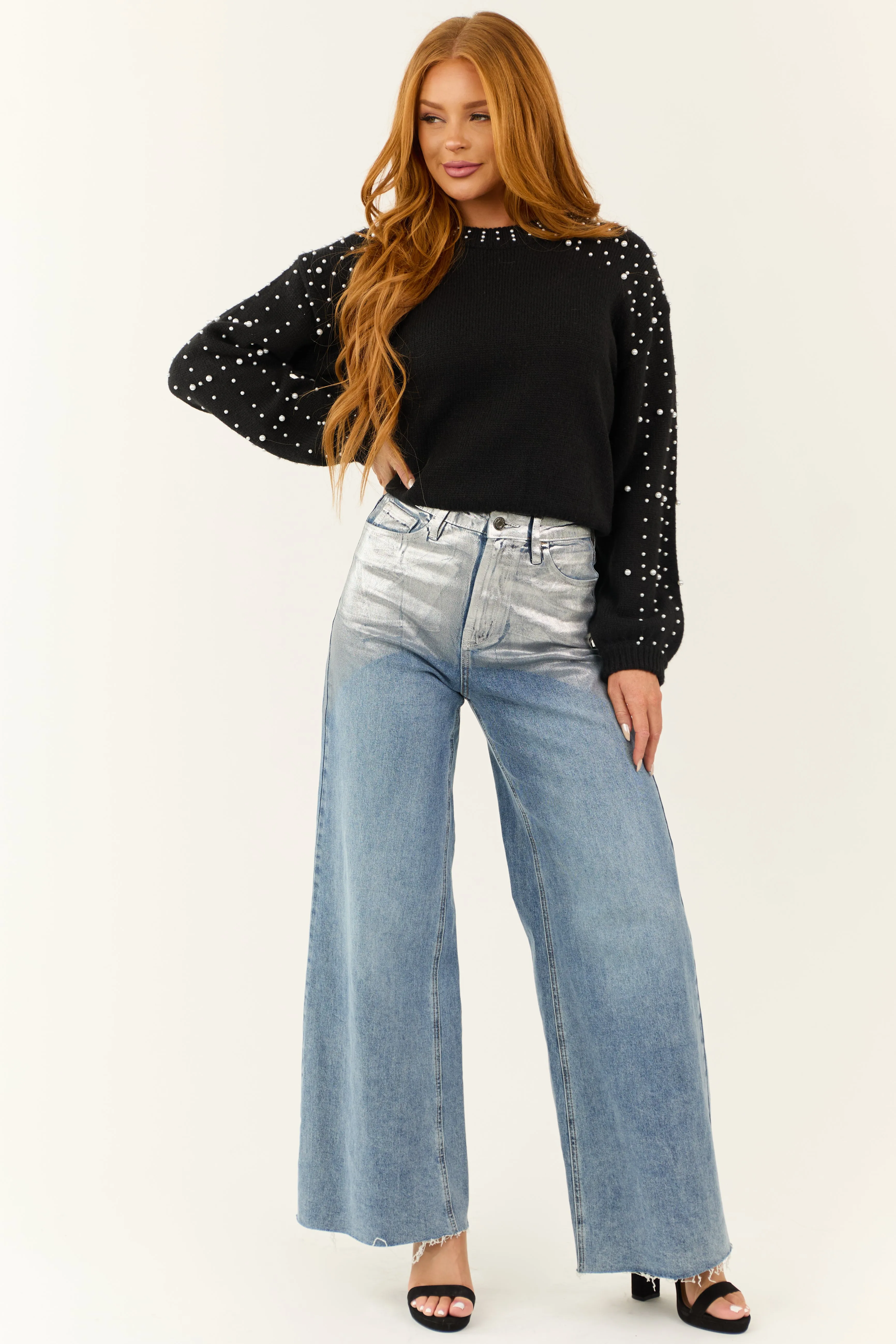 Black Pearl Accent Balloon Sleeve Knit Sweater sold by Lime Lush product image thumbnail 2