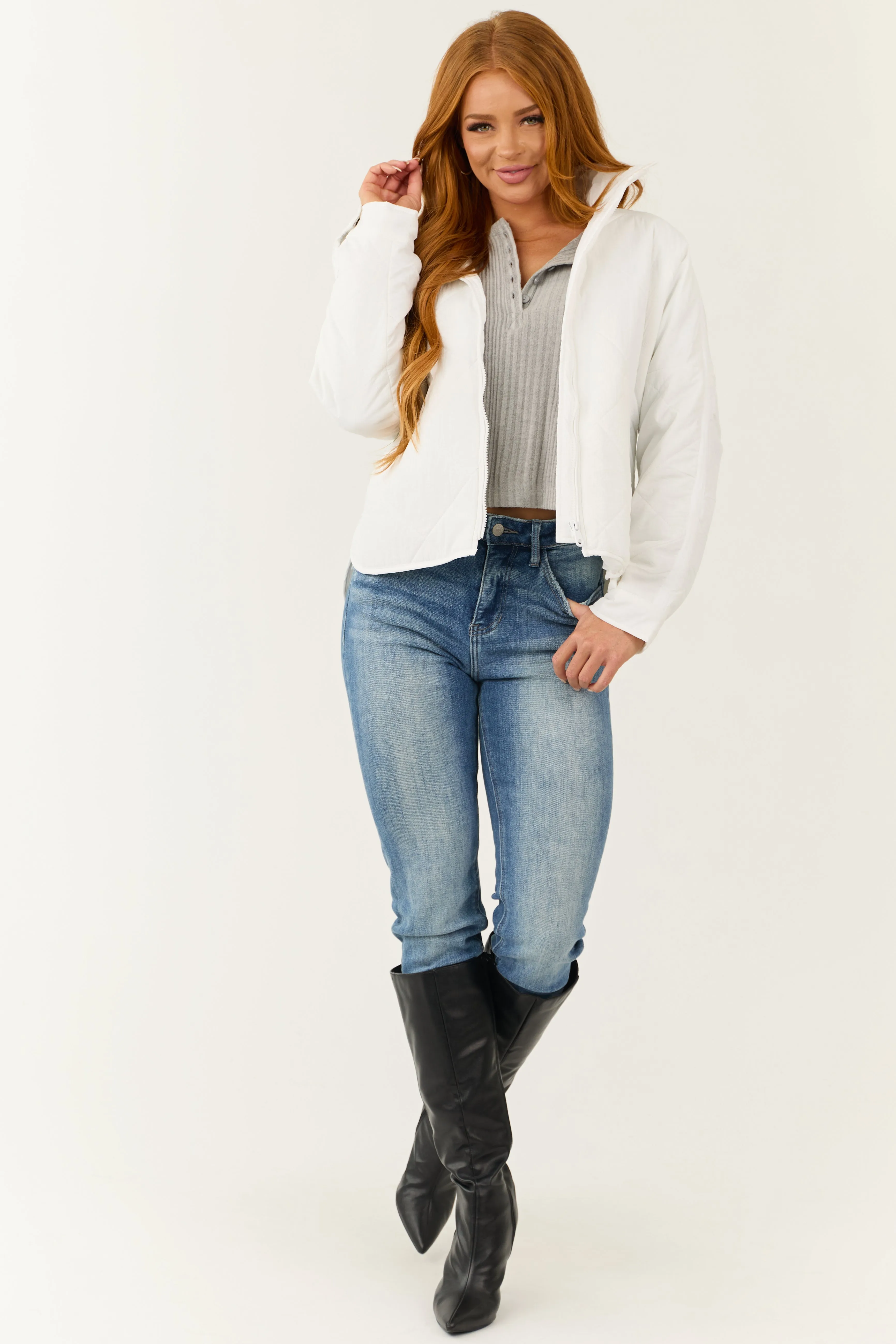 White Long Sleeve Quilted Puffer Jacket sold by Lime Lush product image thumbnail 3