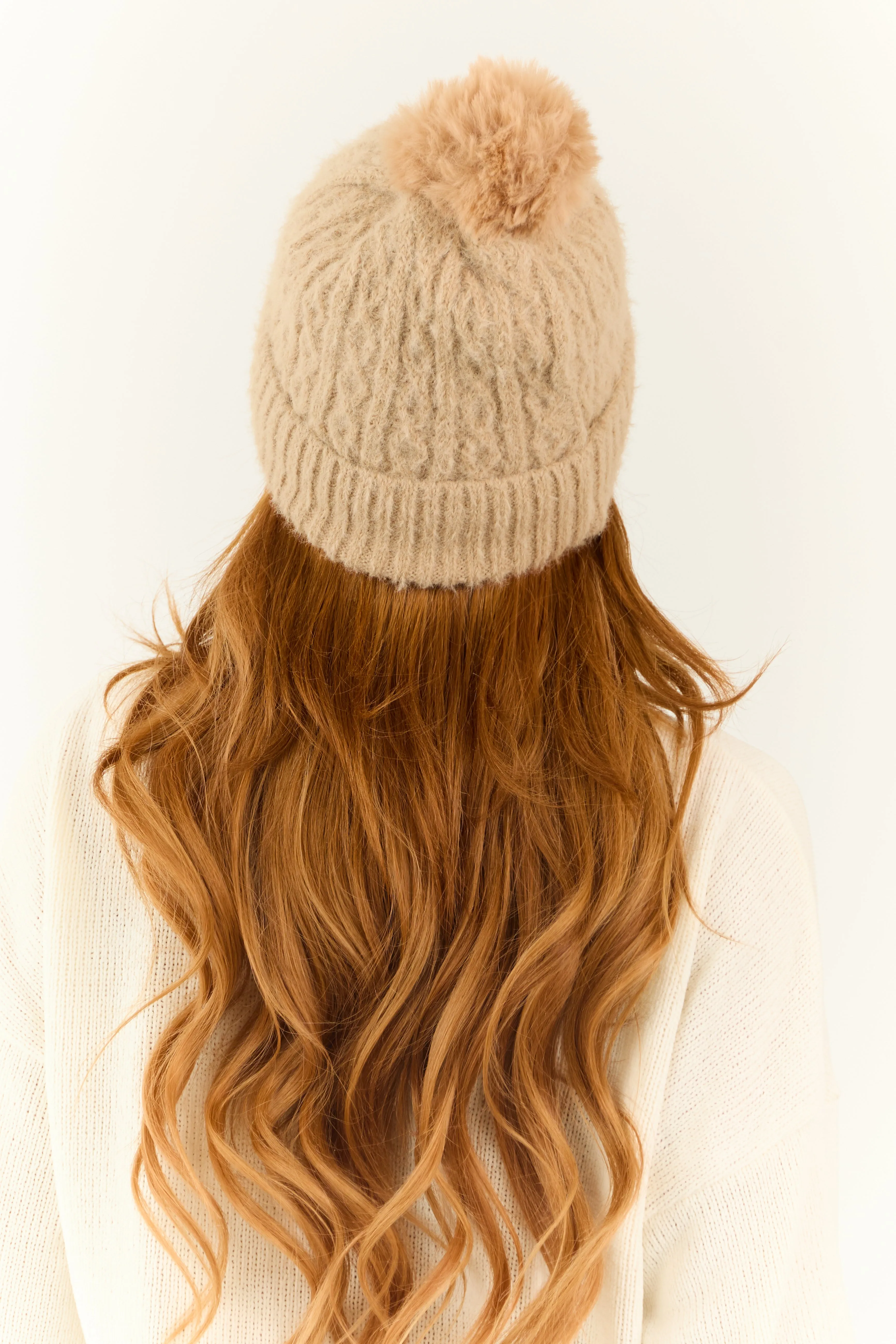 Latte Cable Knit Pom Pom Soft Faux Fur Beanie sold by Lime Lush product image thumbnail 3