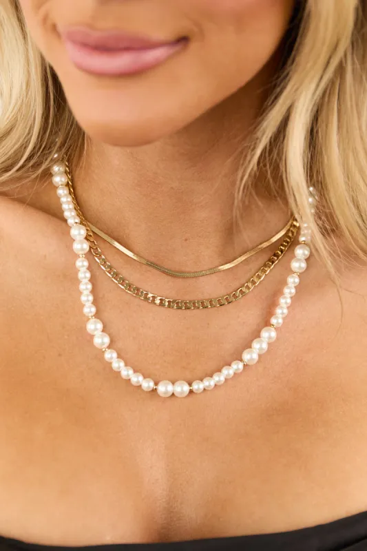 Gold and Pearl 3 Style Chain Layered Necklace sold by Lime Lush