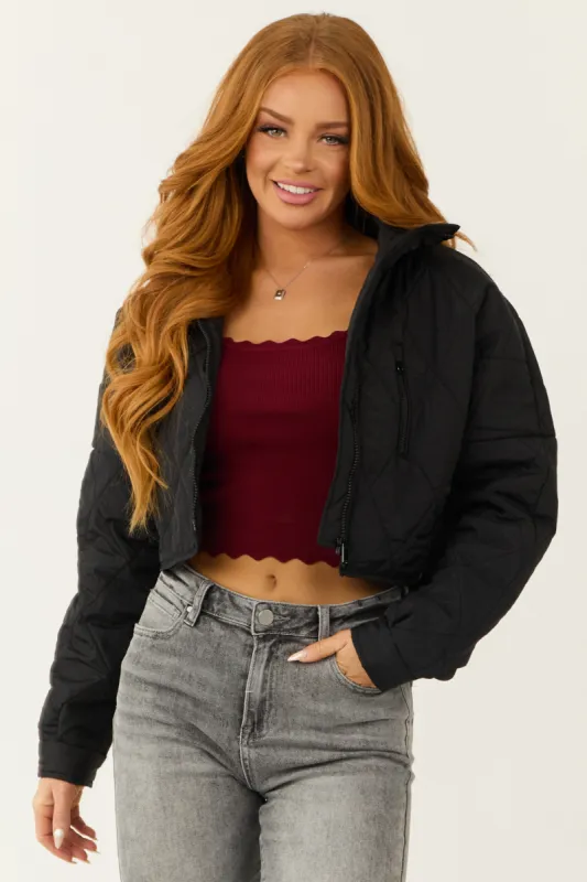Black Zip Up Quilted Puffer Cropped Jacket sold by Lime Lush