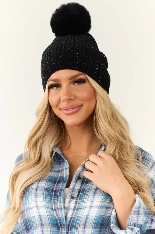 Black Gemstone Embellished Chenille Pom Pom Beanie sold by Lime Lush