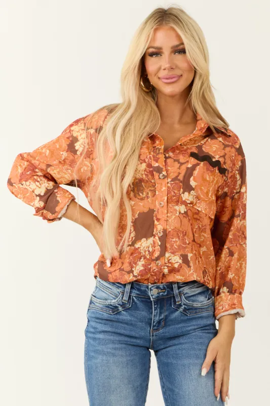 Tangerine Embroidery Trim Floral Pocket Blouse sold by Lime Lush