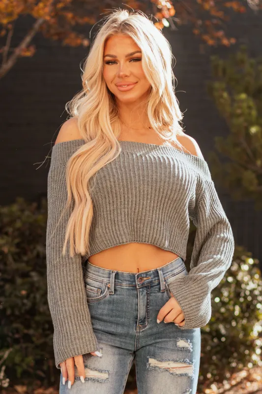 Steel Off the Shoulder Long Sleeve Crop Sweater sold by Lime Lush