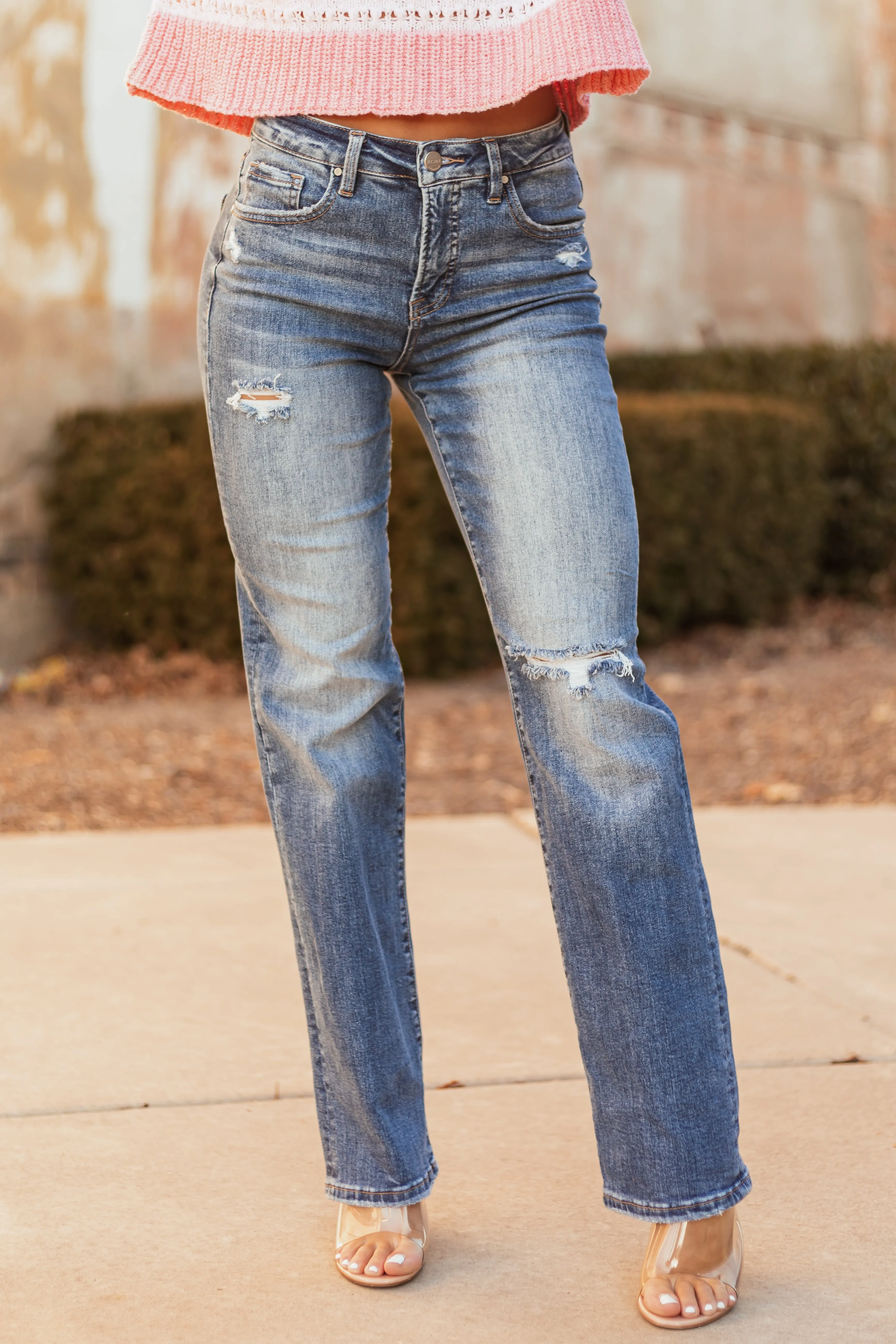 Risen Medium Wash Tummy Control Straight Jeans sold by Lime Lush