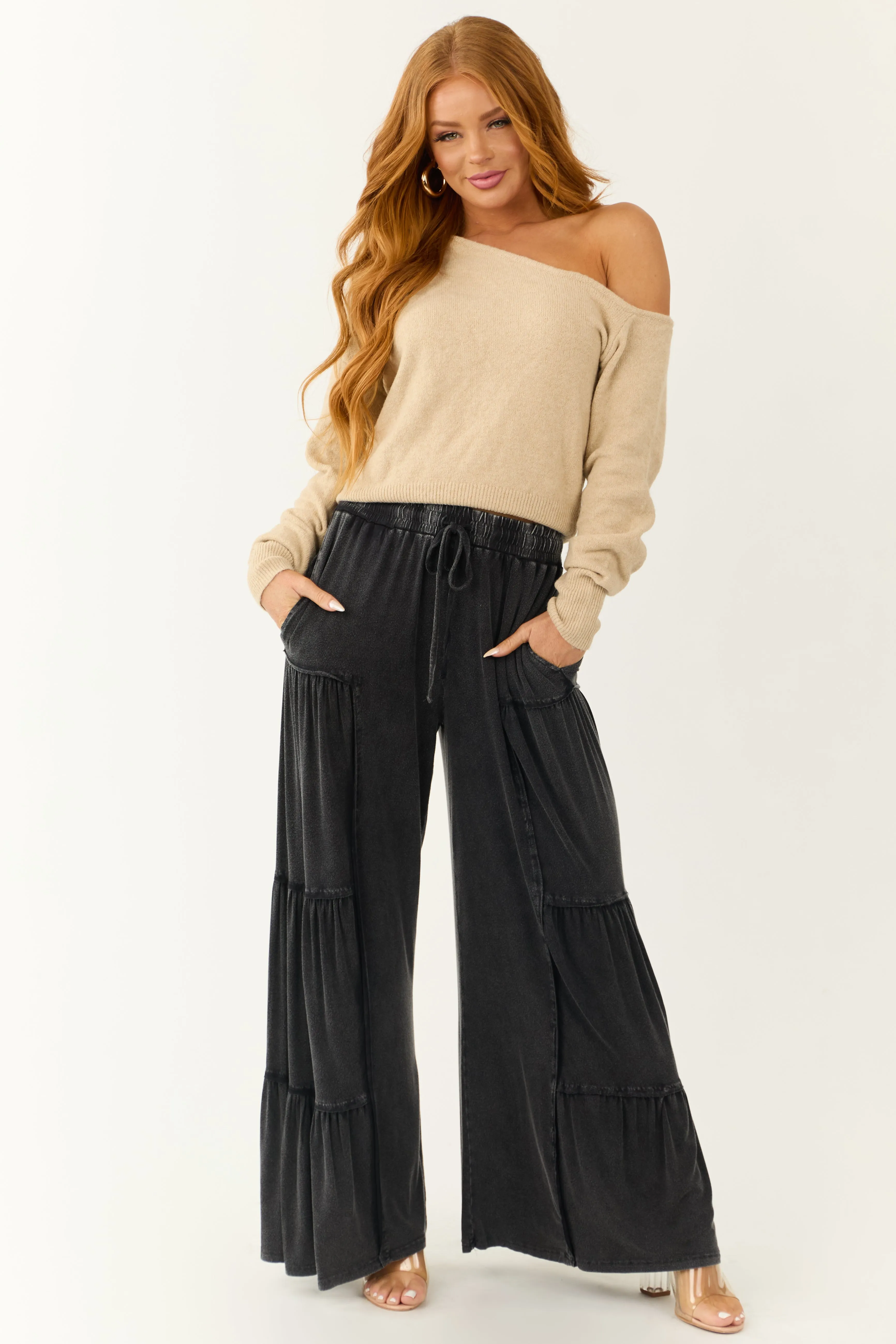 Charcoal Mineral Wash Tiered Wide Leg Pants sold by Lime Lush