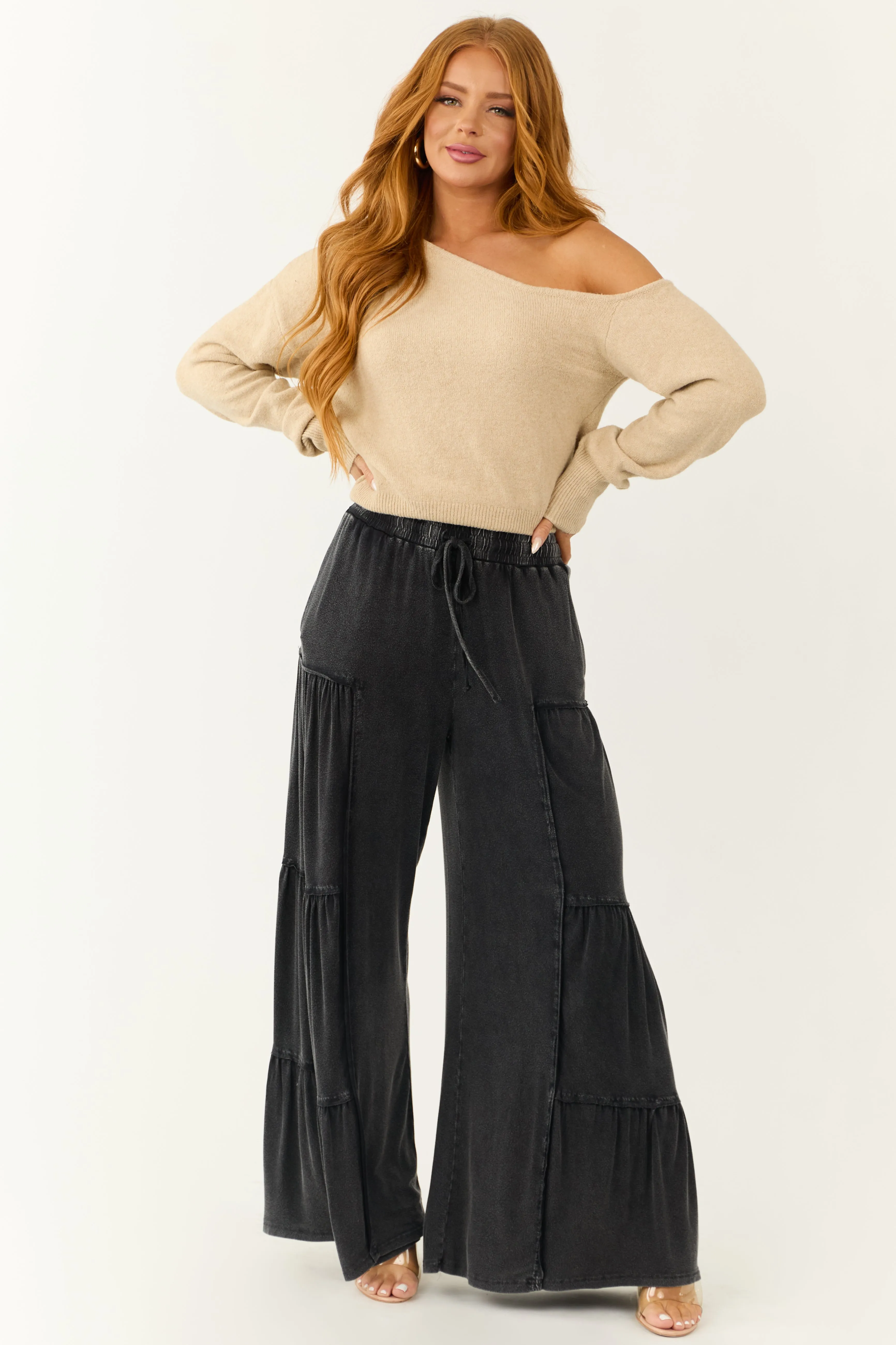 Charcoal Mineral Wash Tiered Wide Leg Pants sold by Lime Lush product image thumbnail 5