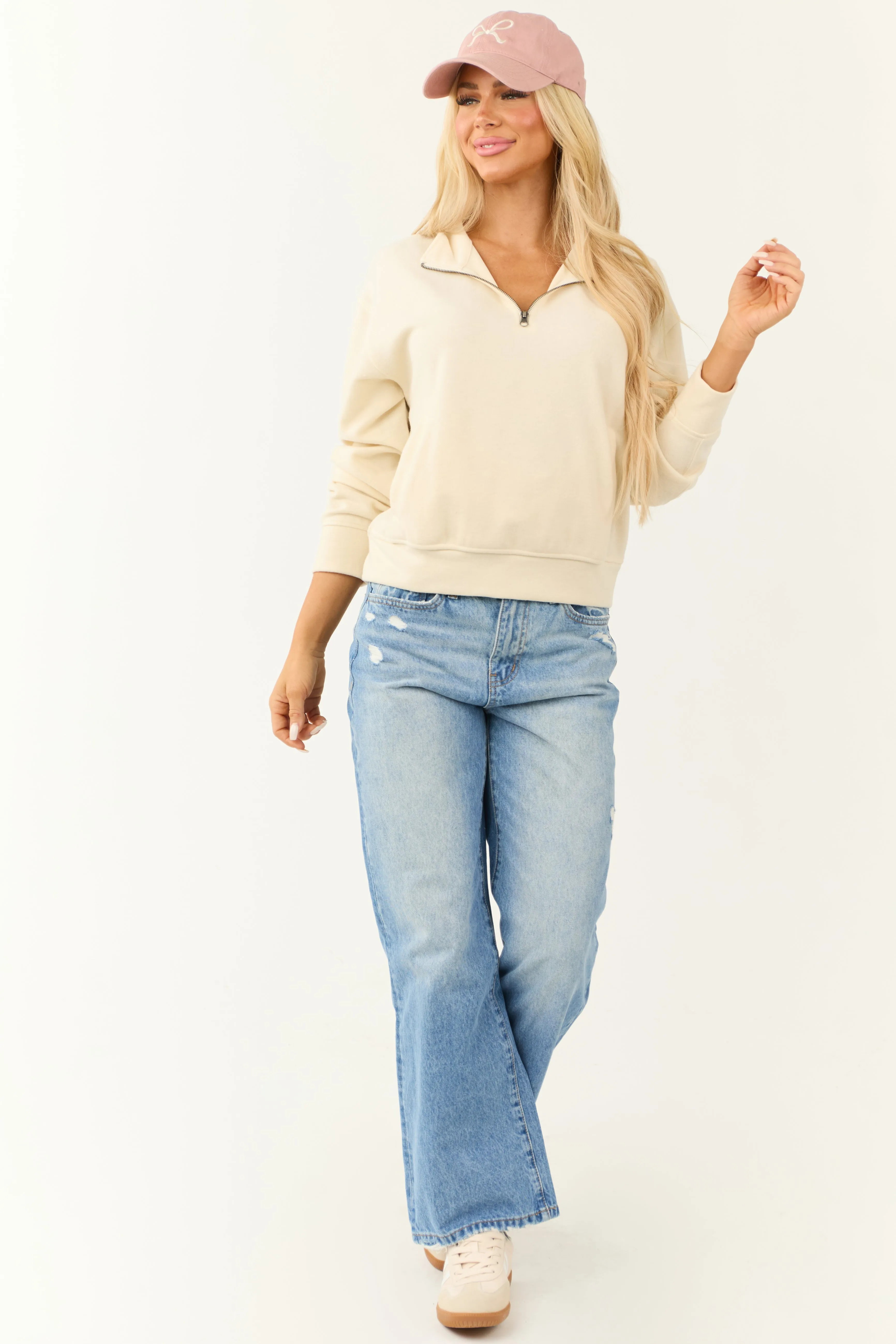 Cream Half Zip Up Knit Long Sleeve Sweatshirt sold by Lime Lush product image thumbnail 2