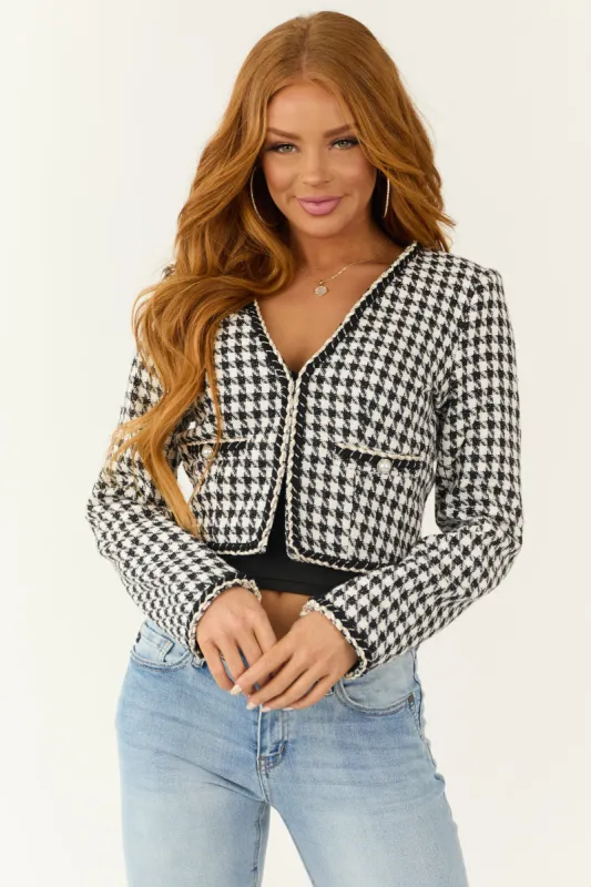 Black and White Tweed Collarless Cropped Blazer sold by Lime Lush