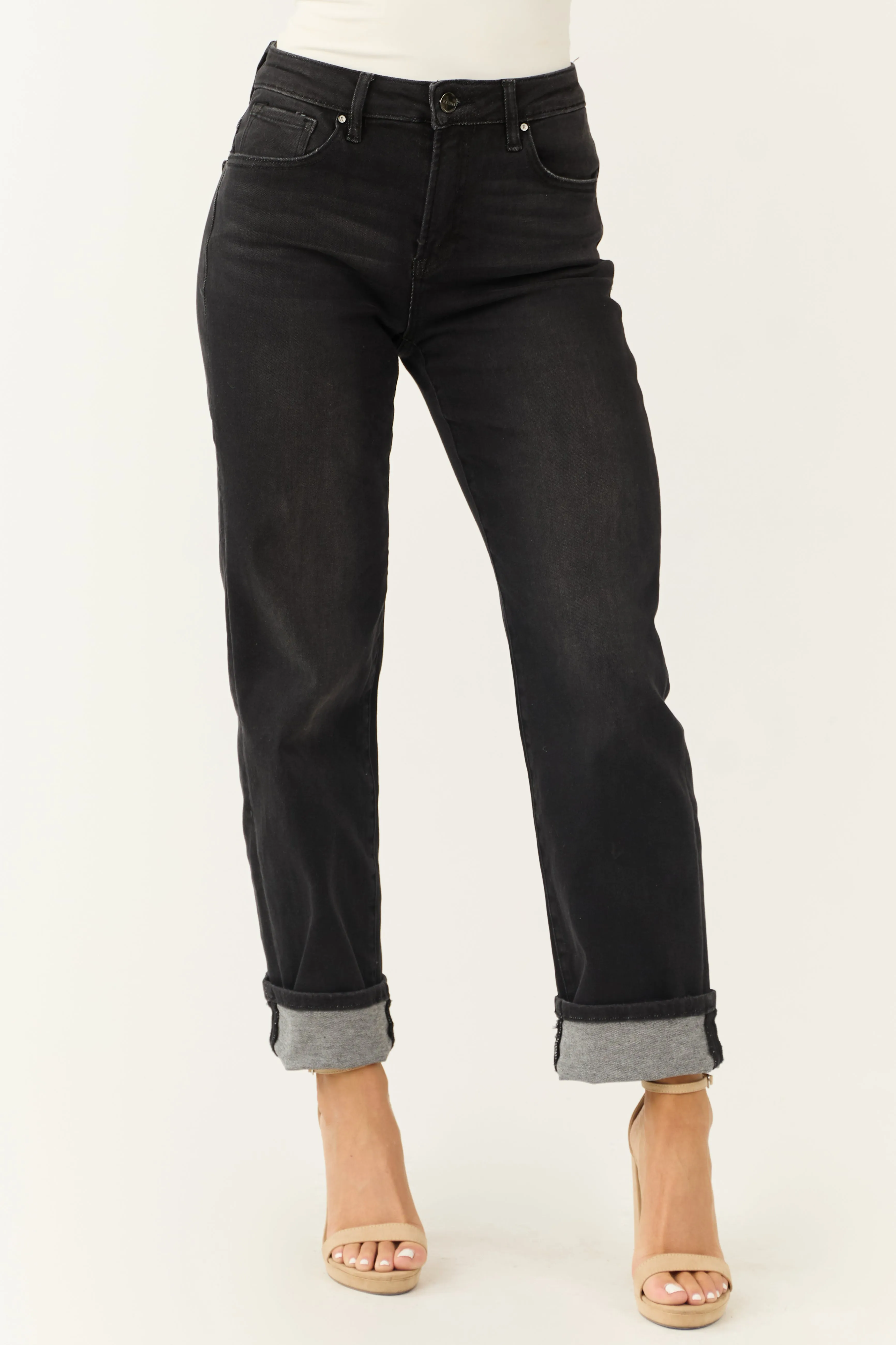 Risen Black Cuffed Cropped High Rise Boyfriend Jeans sold by Lime Lush