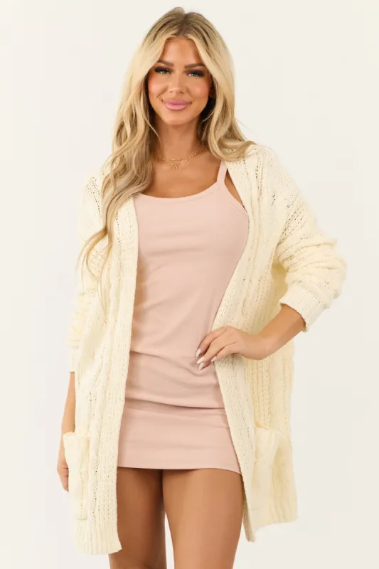 Cream Chenille Open Front Cable Knit Cardigan sold by Lime Lush