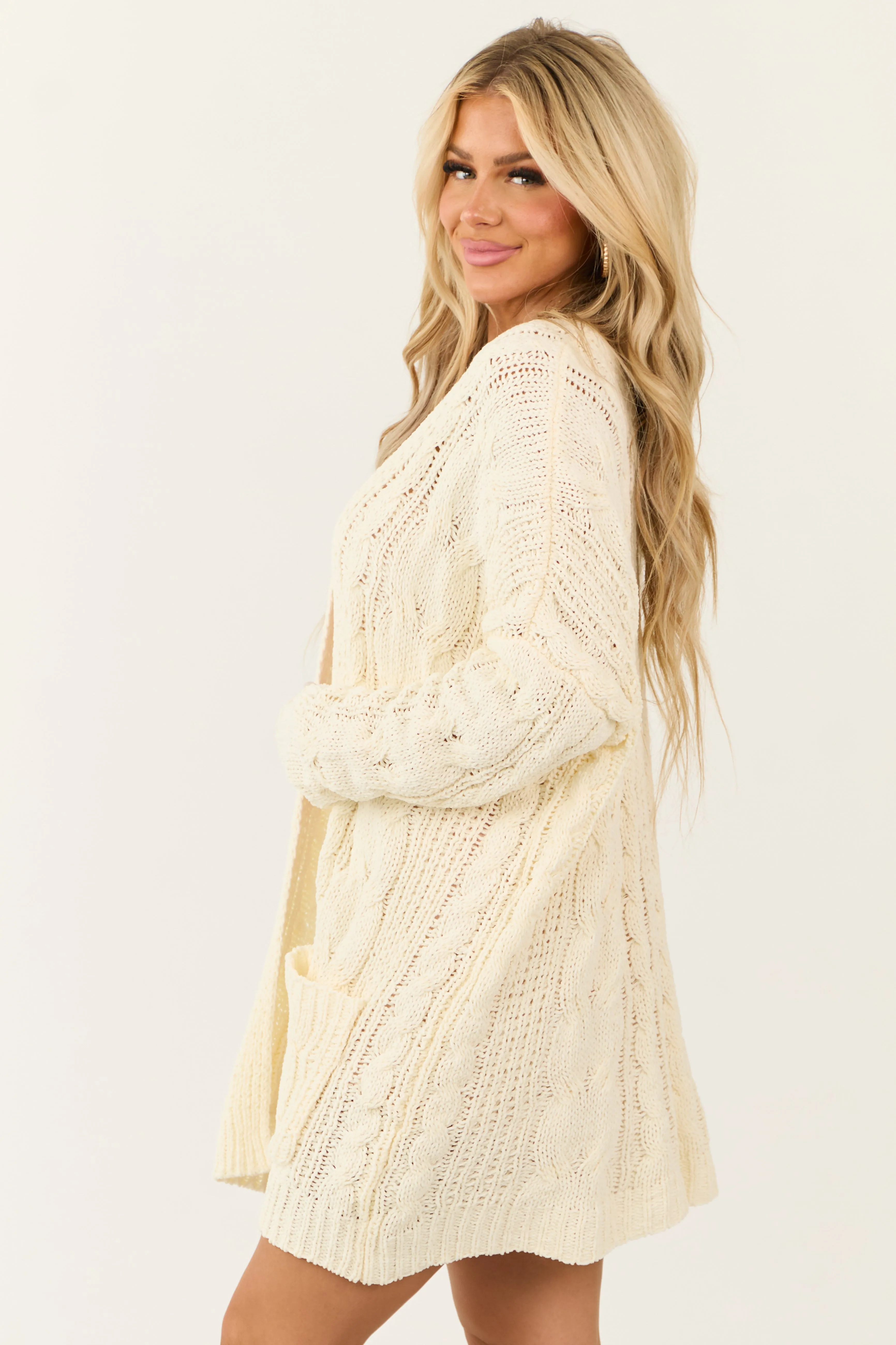 Cream Chenille Open Front Cable Knit Cardigan sold by Lime Lush product image thumbnail 4